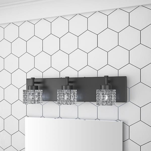 19.7 in. 3-Light Dimmable Black Bathroom Vanity Light with Crystal Glass Shades