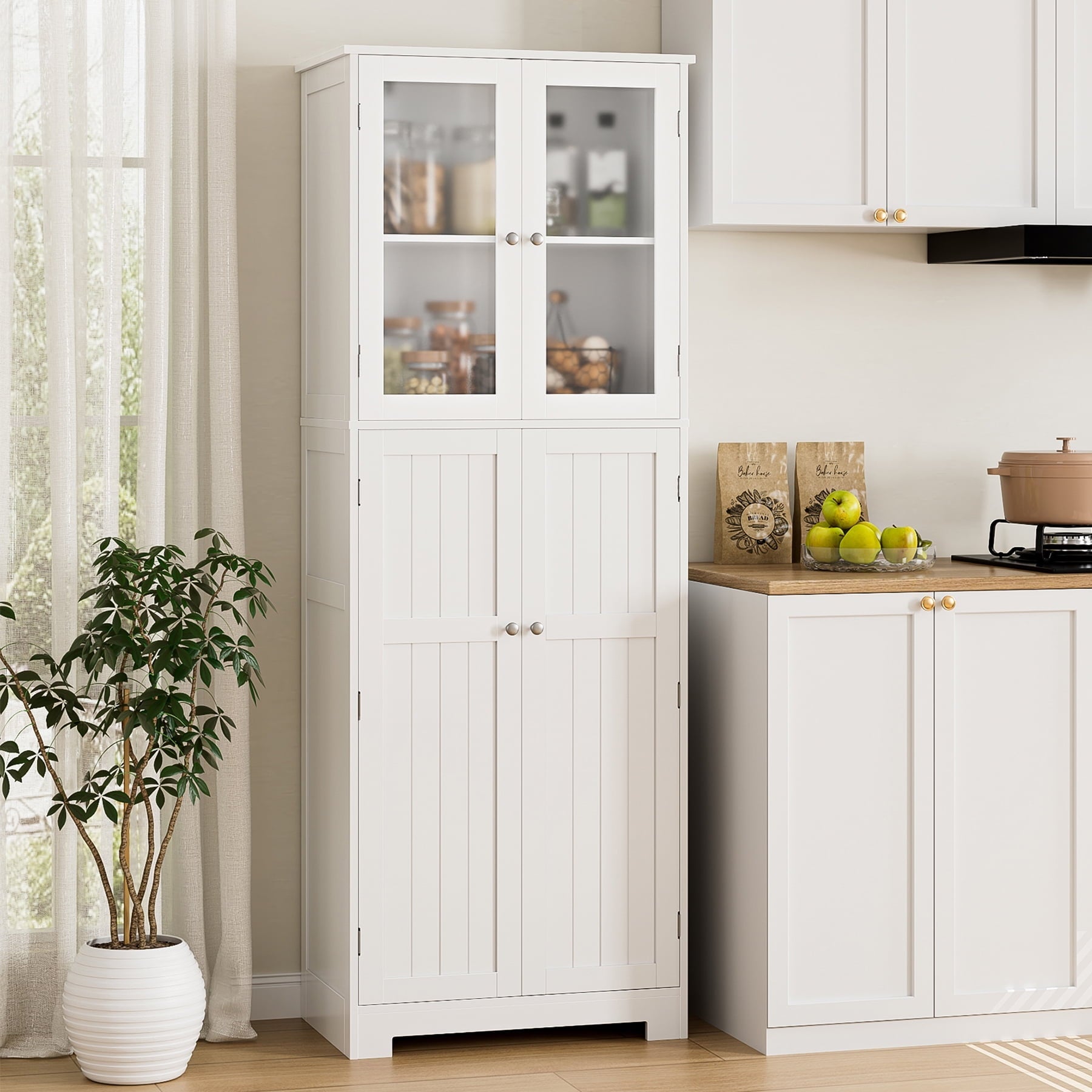 Homfa 67'' Farmhouse Kitchen Pantry Cabinet, Tall Storage Cabinet with Frosted Glass Doors for Dining Room, White
