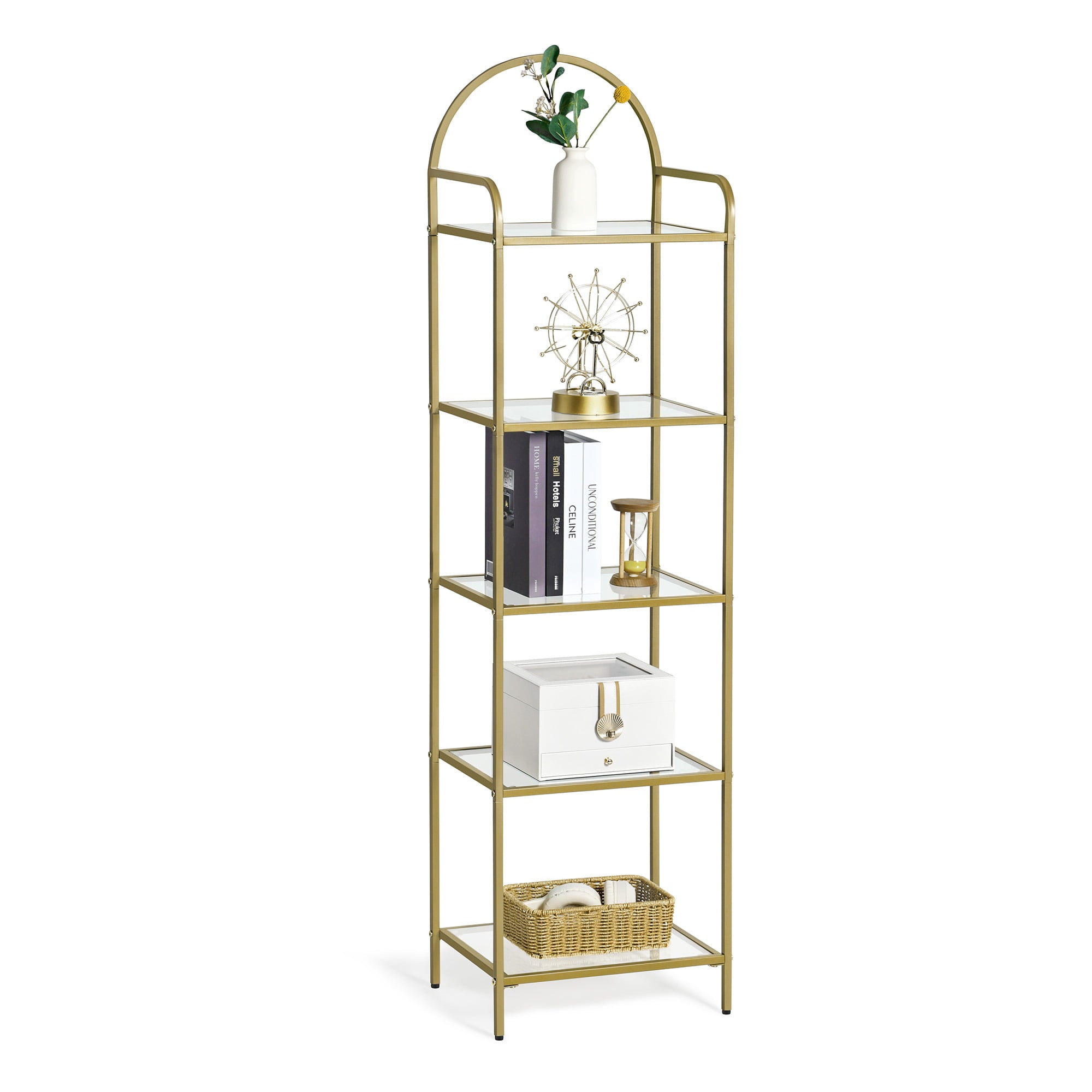 Hzuaneri 5 Tier Ladder Shelf，Tempered Glass Bookcase Bookshelf, Shelving Unit, Gold BC05001G
