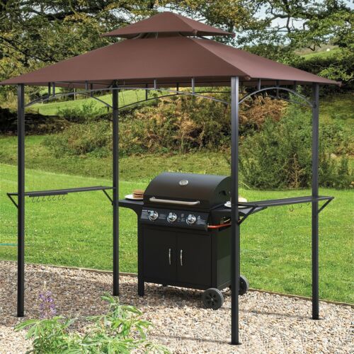 BBQ Gazebo Barbecue Canopy 8'x 5'  Pergola Grill Tent Hard Top w/ Air Vent Brown