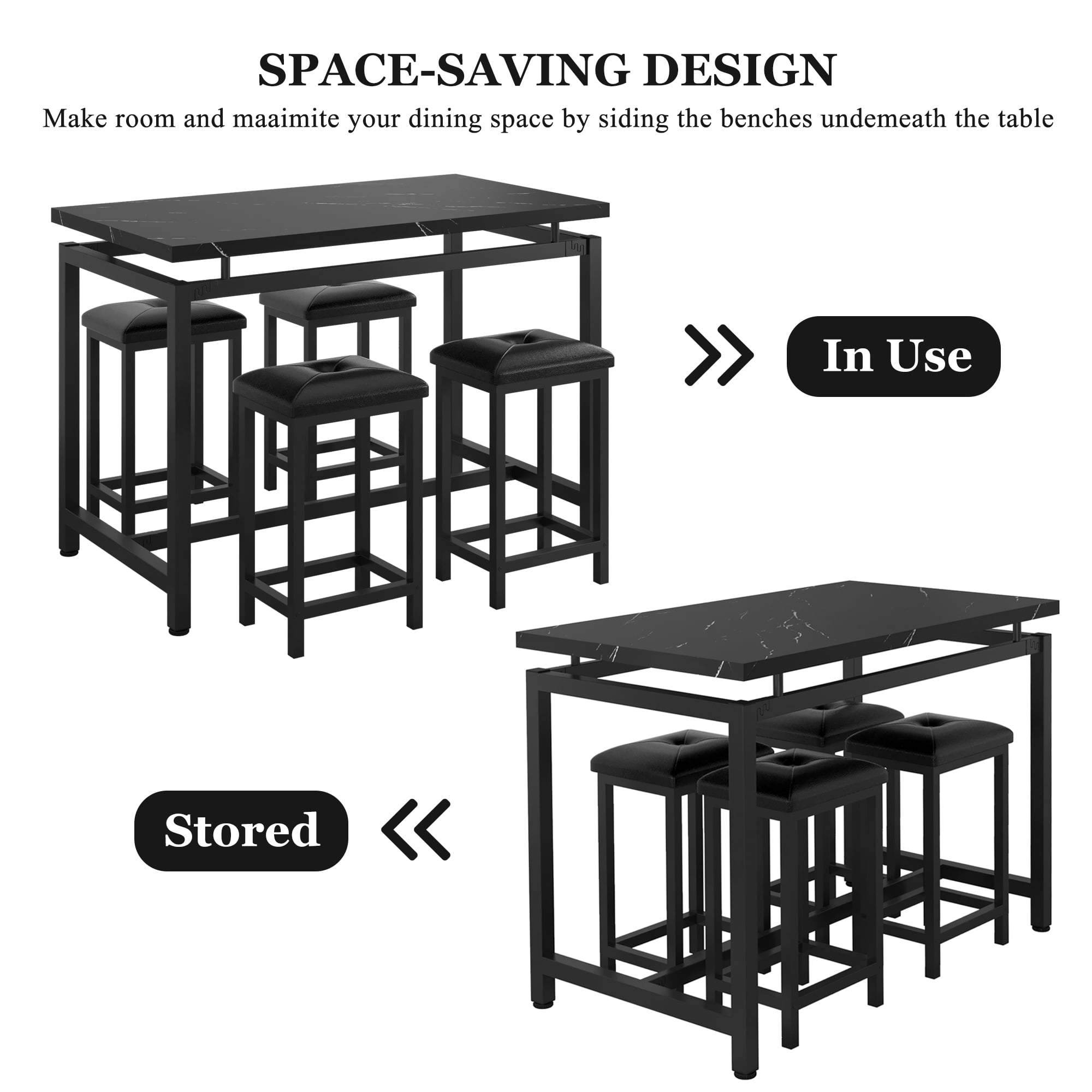 Counter Height Dining Set for 4, BTMWAY 5-Piece Bar Height Dining Room Table Sets, Faux Marble Dining Table and 4 Upholstered Chairs Set, Space Saving Metal Frame Breakfast Diner Table Set, Black