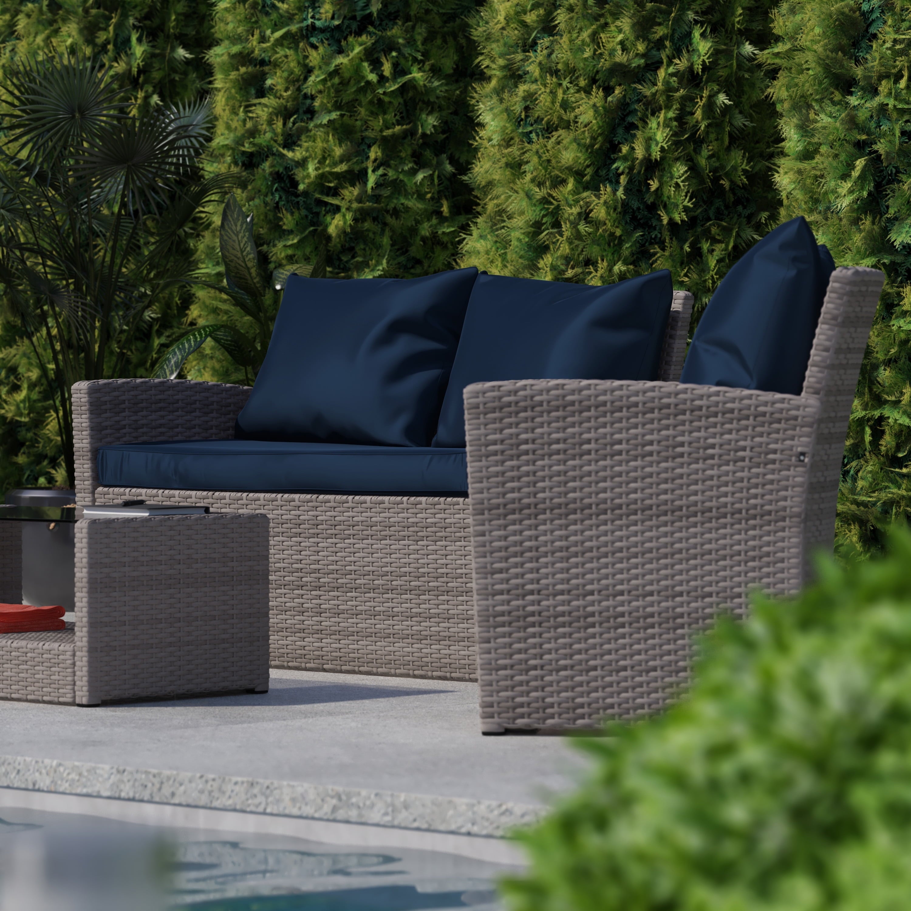 Flash Furniture Aransas Series 4 Piece Light Gray Patio Set with Navy Back Pillows and Seat Cushions