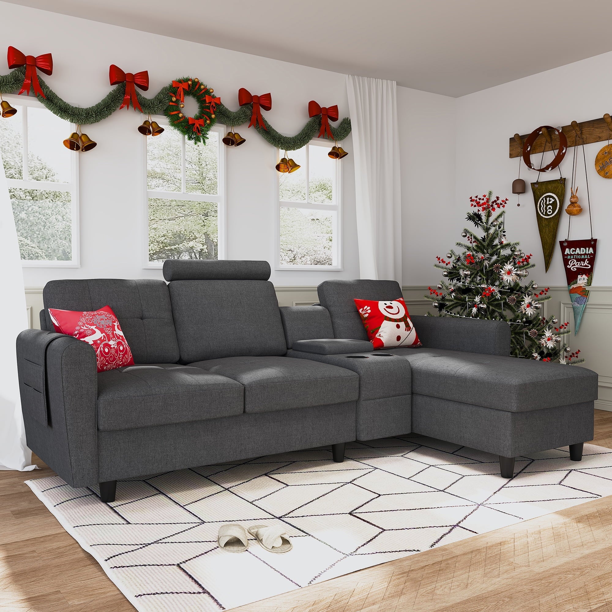 HONBAY Reversible Sectional Sofa Modern Upholstered L Shaped Couch with Cup Holders & Storage Console for Living Room, Grey