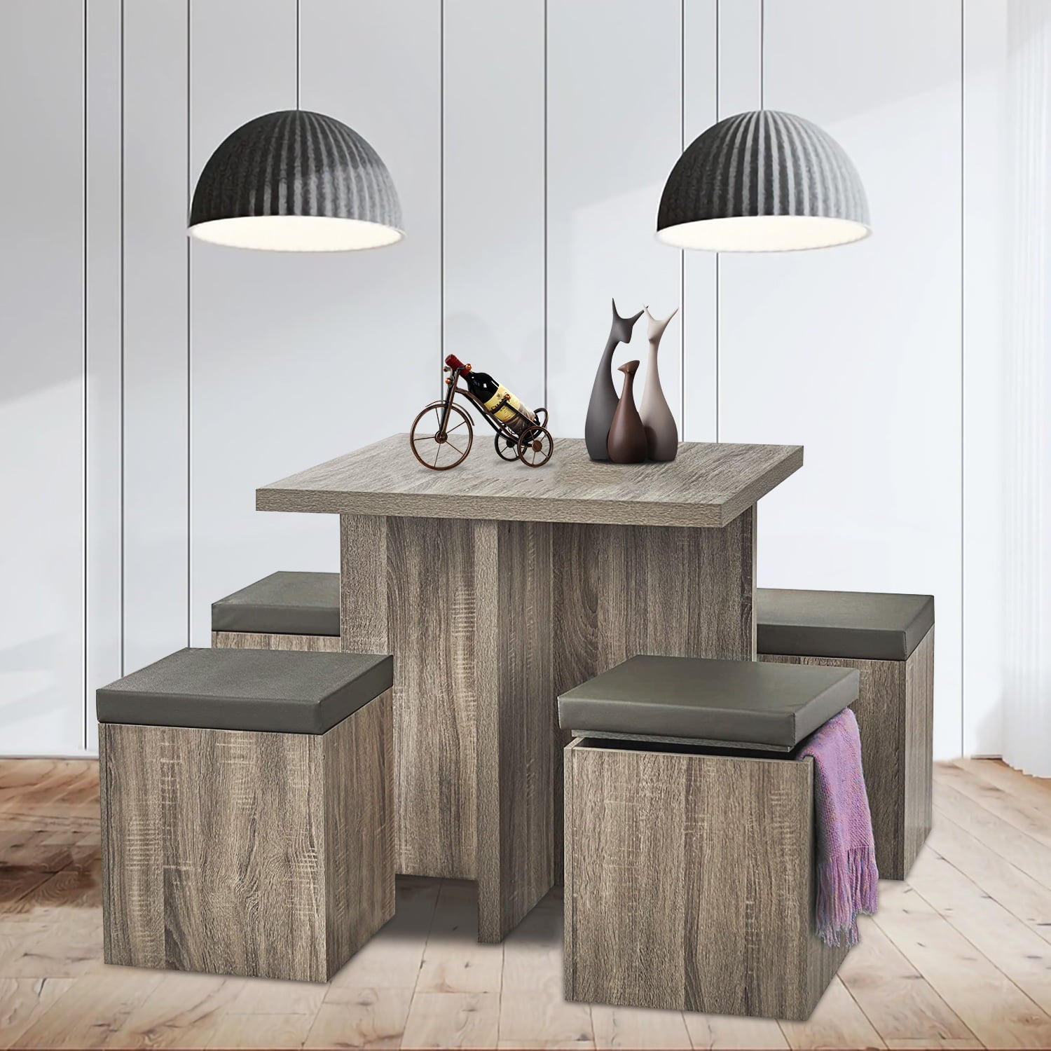 SUGIFT 5-Piece Dexter Dining Set with Storage Ottoman, Taupe