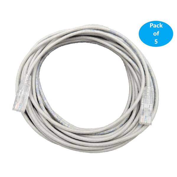 15 ft. Cat 6A 28 AWG Ultra Slim Patch Cable, Gray (5-Pack)
