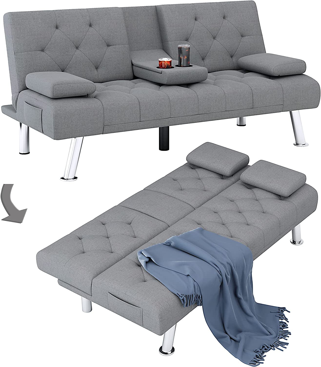 Homfa Convertible Futon Sofa Bed, 66.3'' Upholstered Removable Armrests,Gray Finish