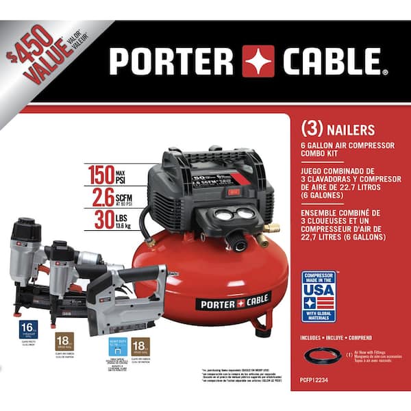 6 Gal. 150 PSI Portable Electric Air Compressor, 16-Gauge Nailer, 18-Gauge Nailer and 3/8 in. Stapler 3 Tool Combo Kit