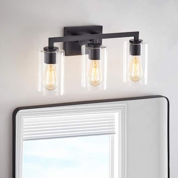 20.75 in. 3-Light Matte Black Vanity Light with Clear Glass Shade