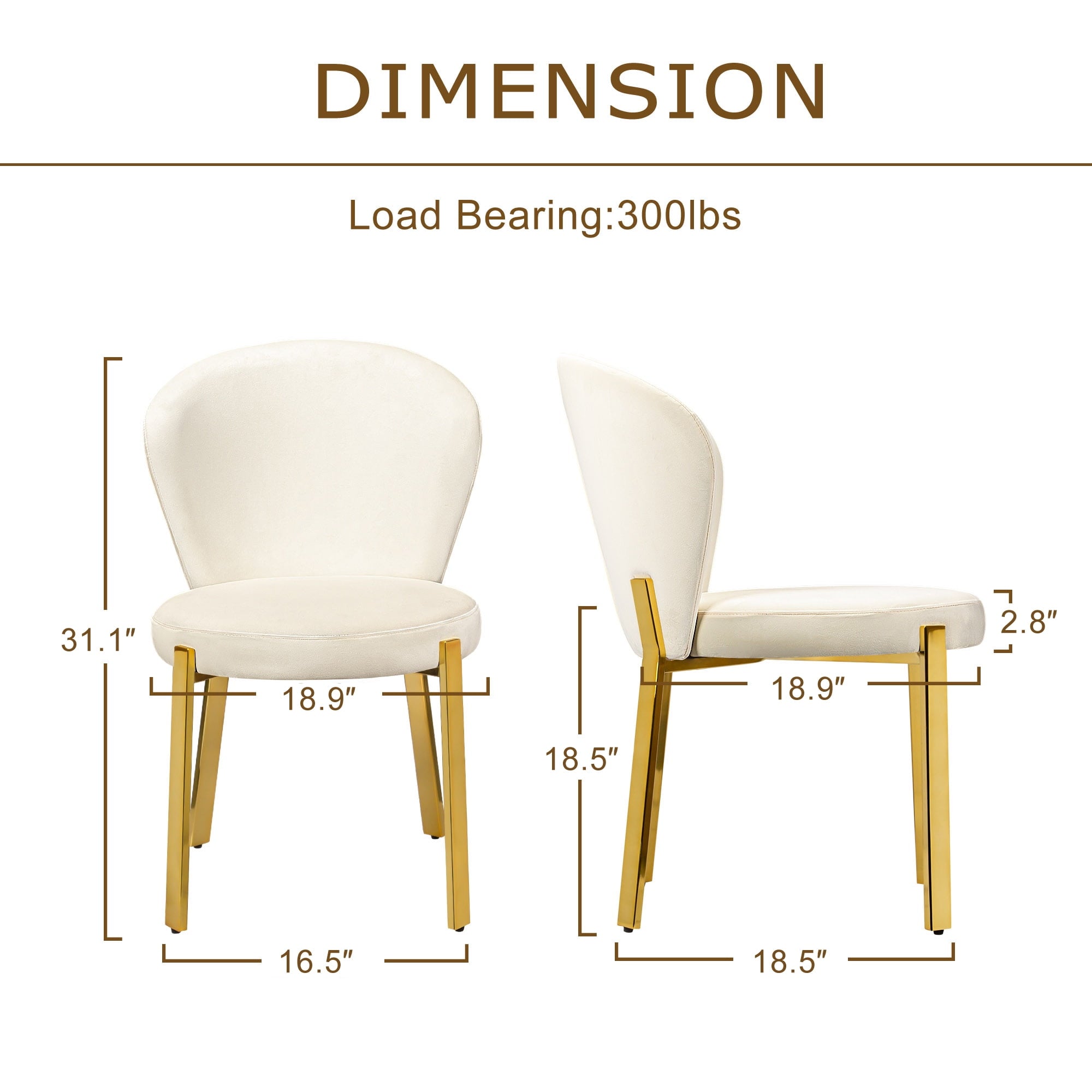 WELLET Velvet Dining Chairs, Upholstered Gold Legged, Set of 2, Cream
