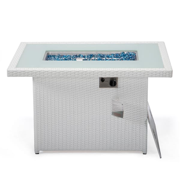 Mace 44 in. White Modern Wicker 55,000 BTU Propane Patio Fire Pit Table with Lid and Fire Glass