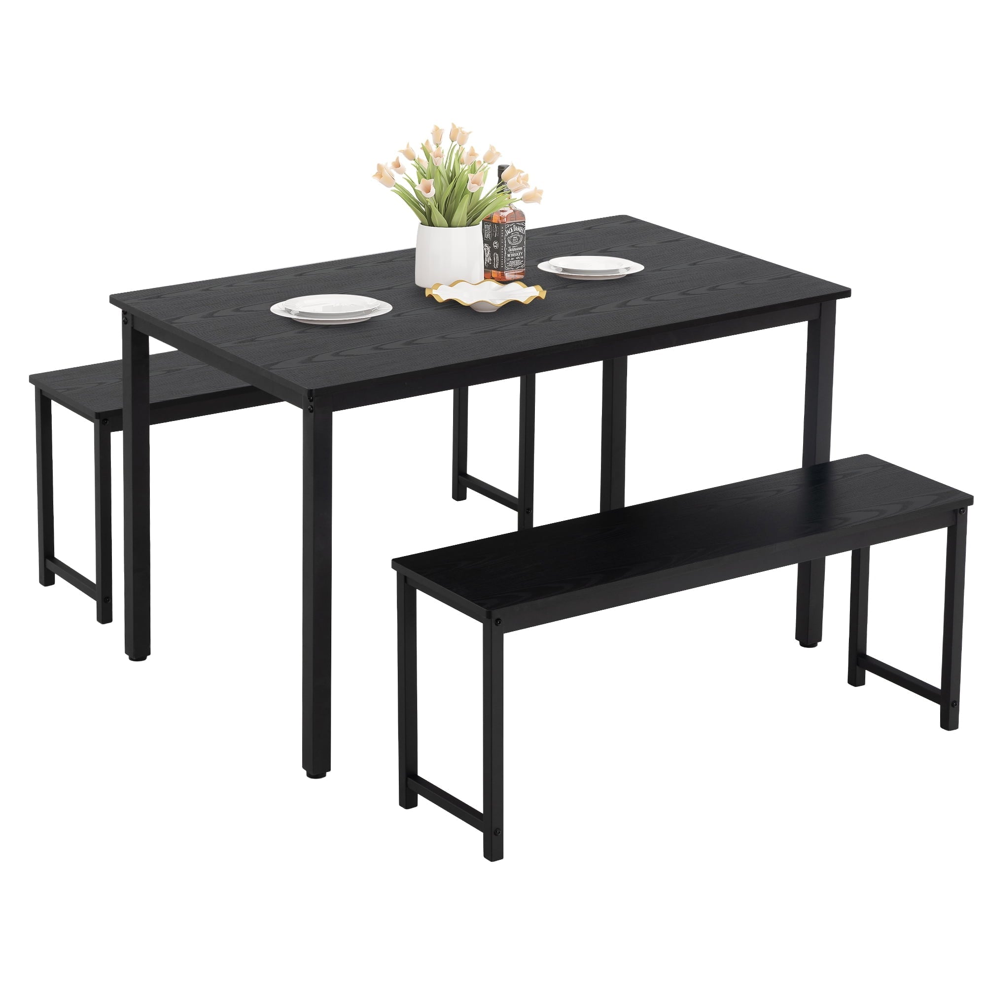 BTMWAY Dining Room Table Set for 4, 3 Piece Wooden Dining Table Set with Metal Frame, Industrial Style Dinette Set with 2 Benches, Dinner Table Set for Kitchen Breakfast Nook, Black