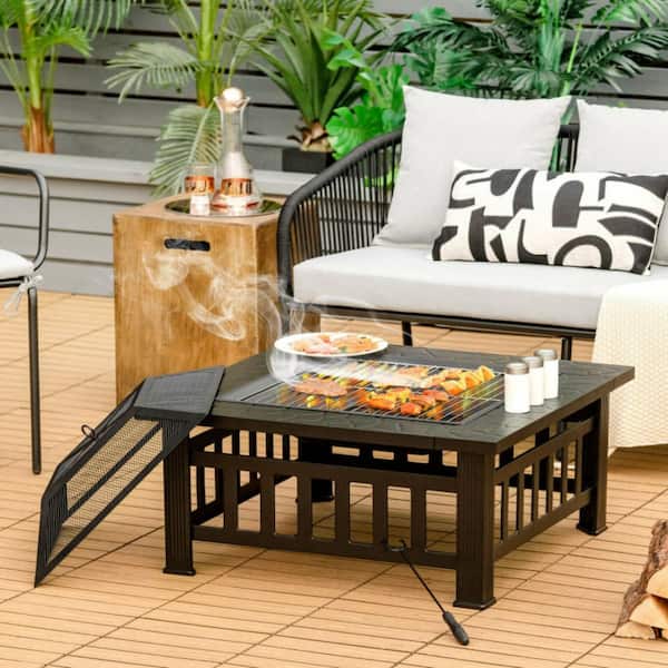 Black 32 in. 3-in-1 Square Outdoor Fire Pit Table with BBQ Grill and Rain Cover for Camping