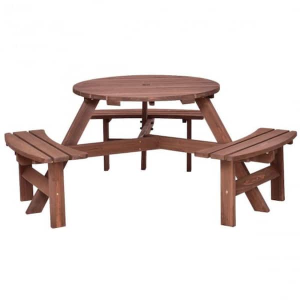 6-Person Patio Wood Picnic Table Beer Bench Set with Umbrella Hole