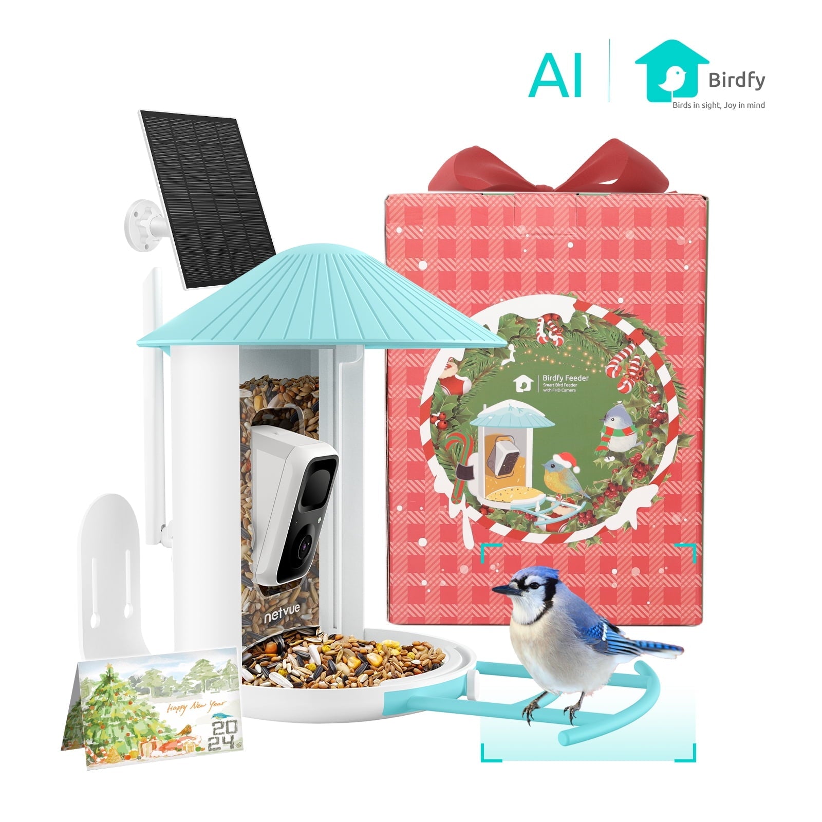 Bird Feeder with Camera, Netvue Birdfy Smart Bird Feeder with AI Identify 6000+ Bird Species Phone App Night Vision for Bird Watching, Gifts for Parents, Blue (Birdfy AI+Solar)