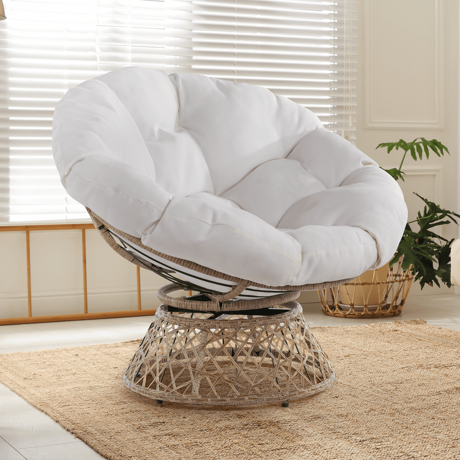 Aile 360 Swivel Comfy Papasan Chair with Fabric Cushion, Sturdy Metal Frame (Pure Pearl - White Frame)