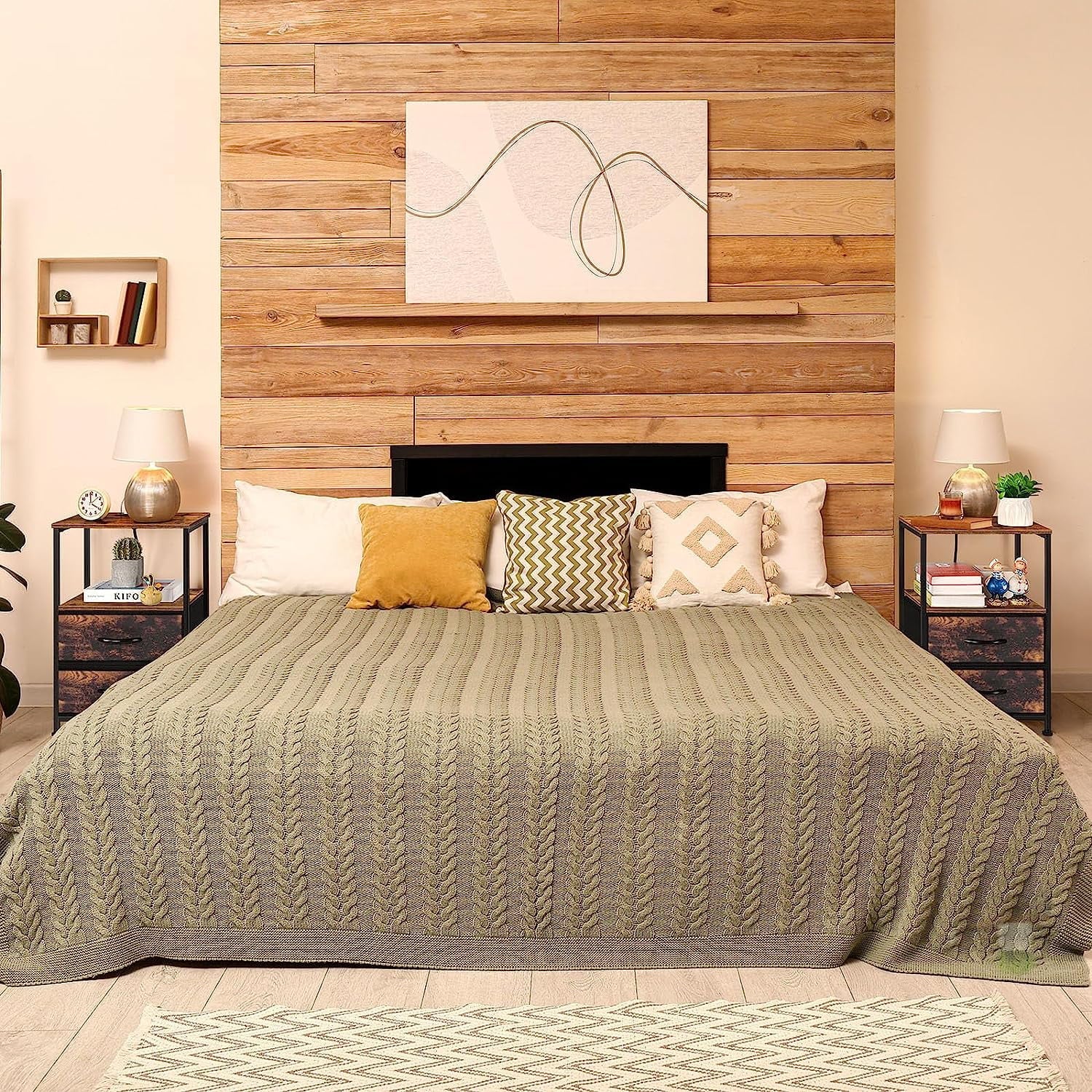 Brown Nightstand with 2 Fabric Drawers End Table with Charging Station Set of 2