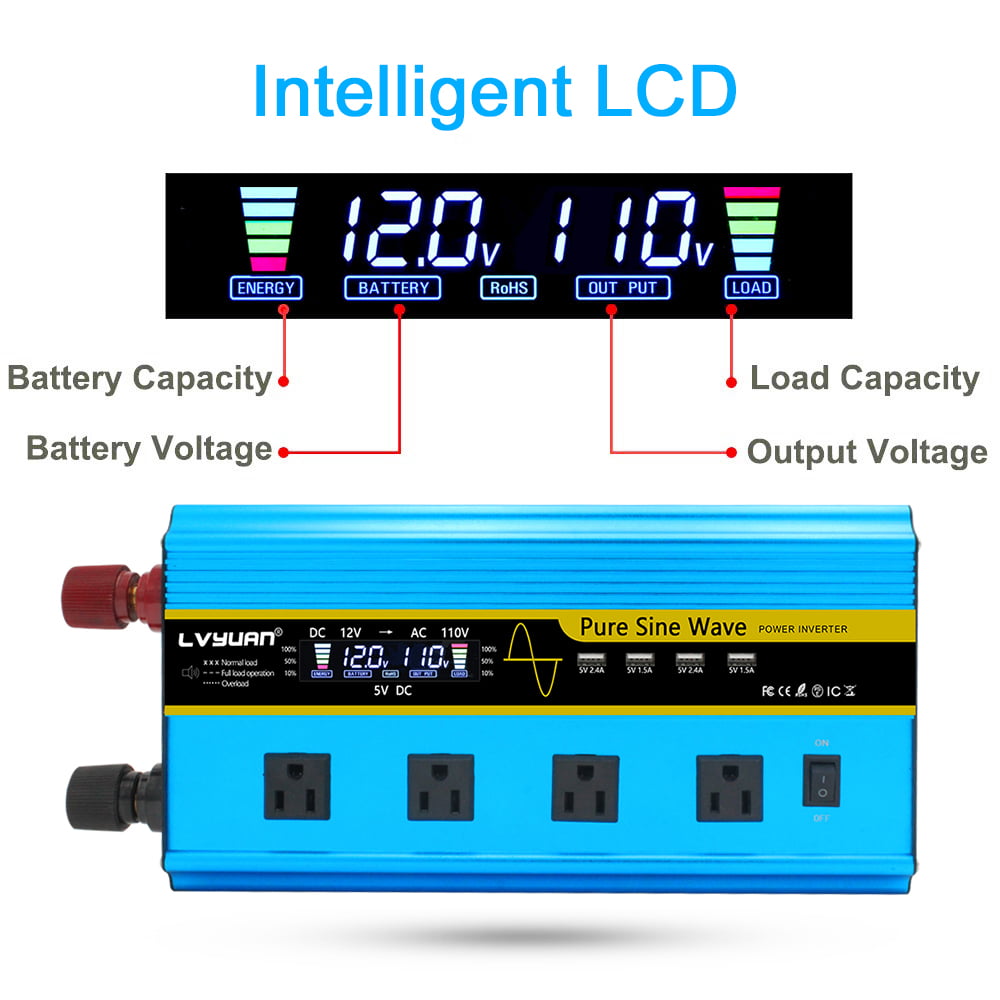 LVYUAN 3000 Watts Pure Sine Wave Power Inverter DC 12V to AC 110V 120V Converter 4USB 4AC LCD Remote Control