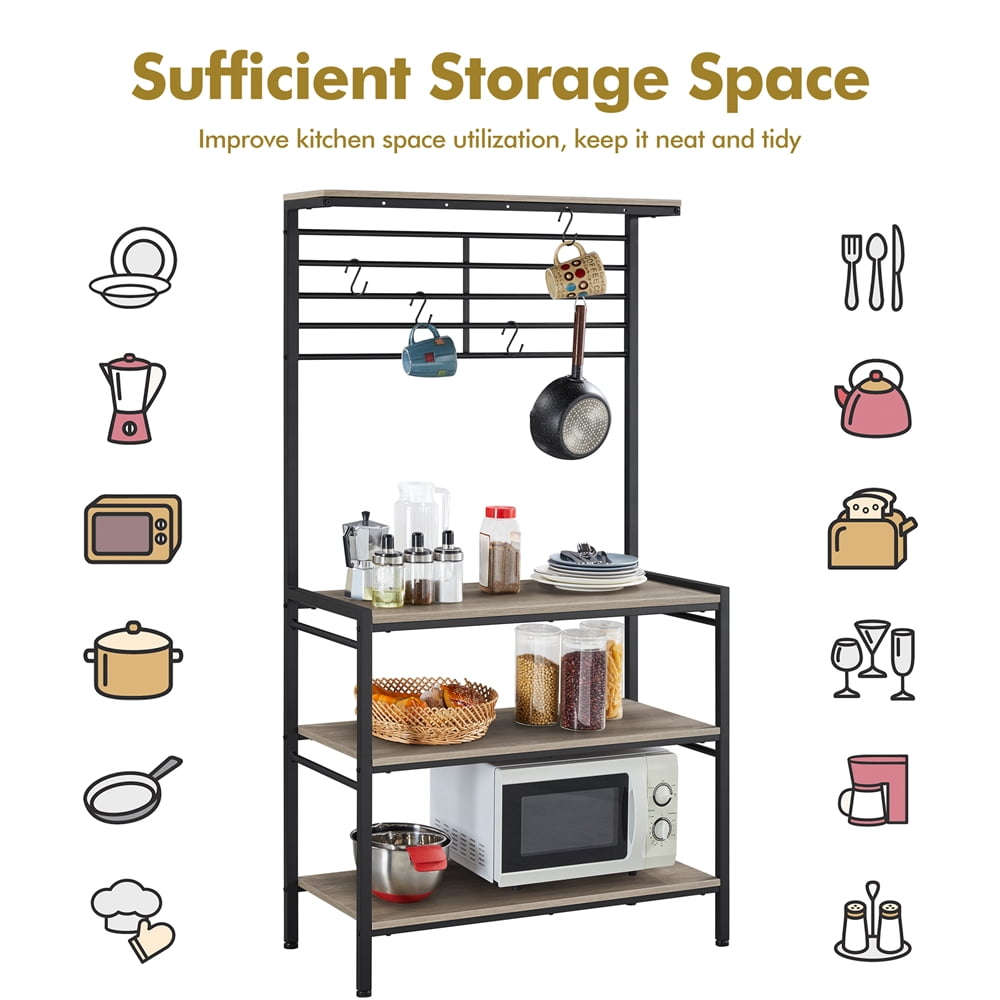 Topeakmart 4-tier Kitchen Baker's Rack Kitchen Microwave Oven Stand with High Display Shelf and 5 S-Shape Hooks, Gray