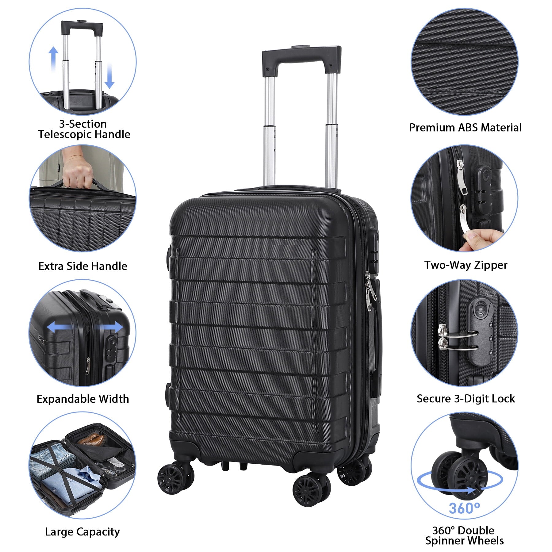 HomGarden 22-inch Carry On Luggage Hardside Expandable Travel Suitcase Spinner TSA Lock Black
