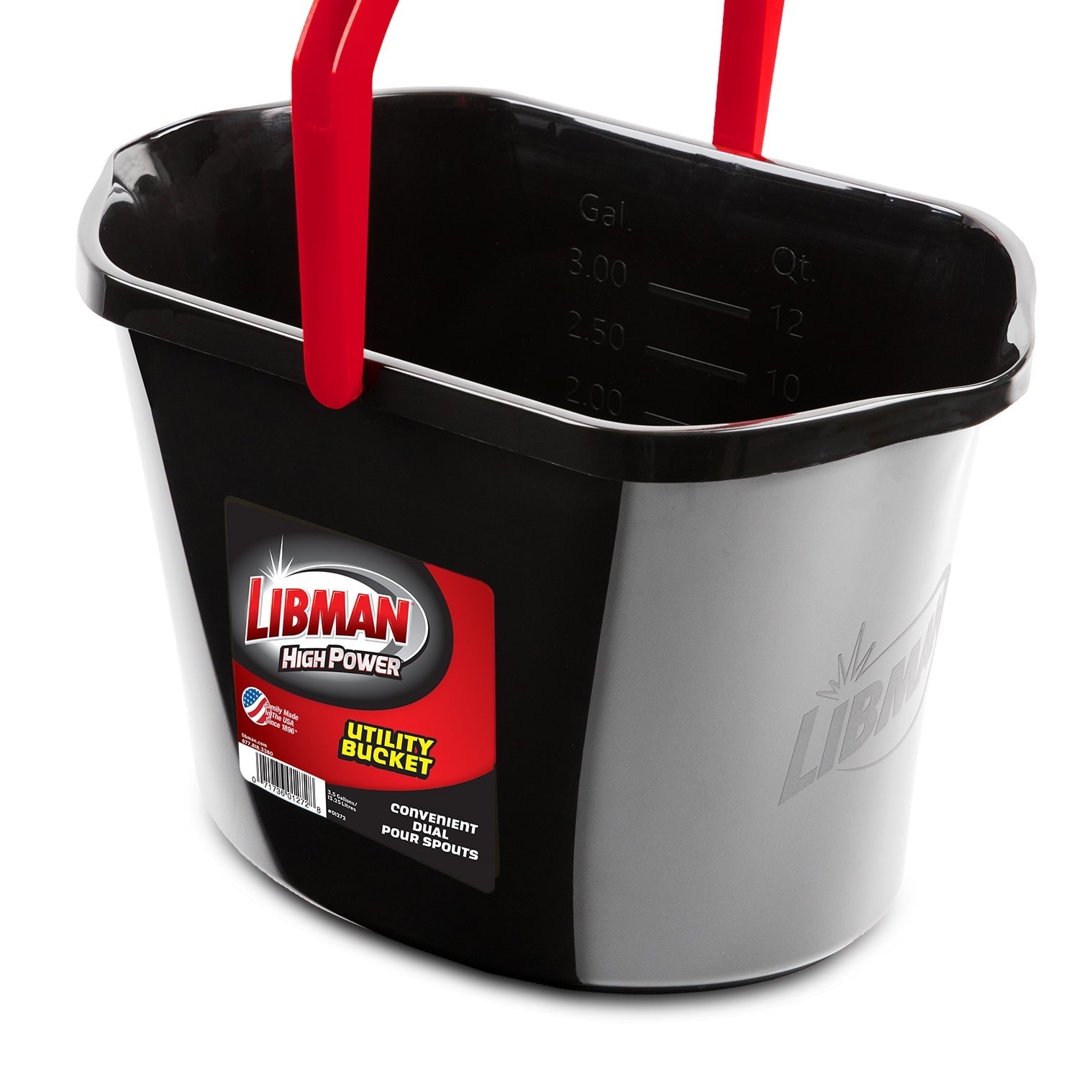 Libman Black and Red High Power 3.5 gal Plastic Utility Bucket, Dual Pour Spouts