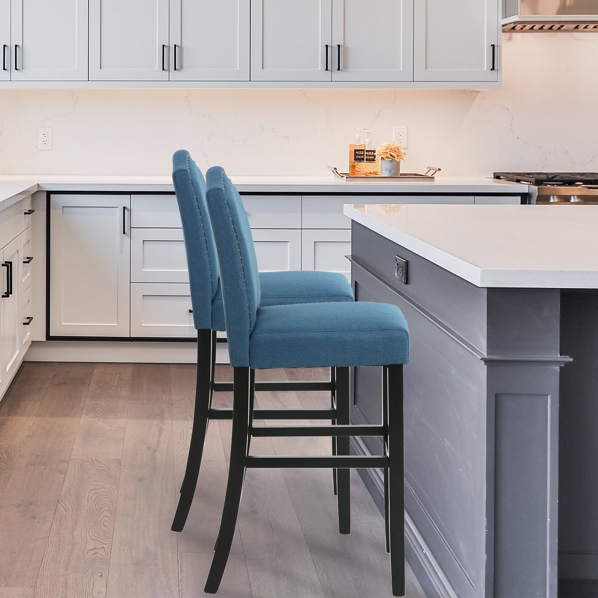 Full Back Fabric Upholstered Blue Bar Stool with Nailhead Trim, Set of 2