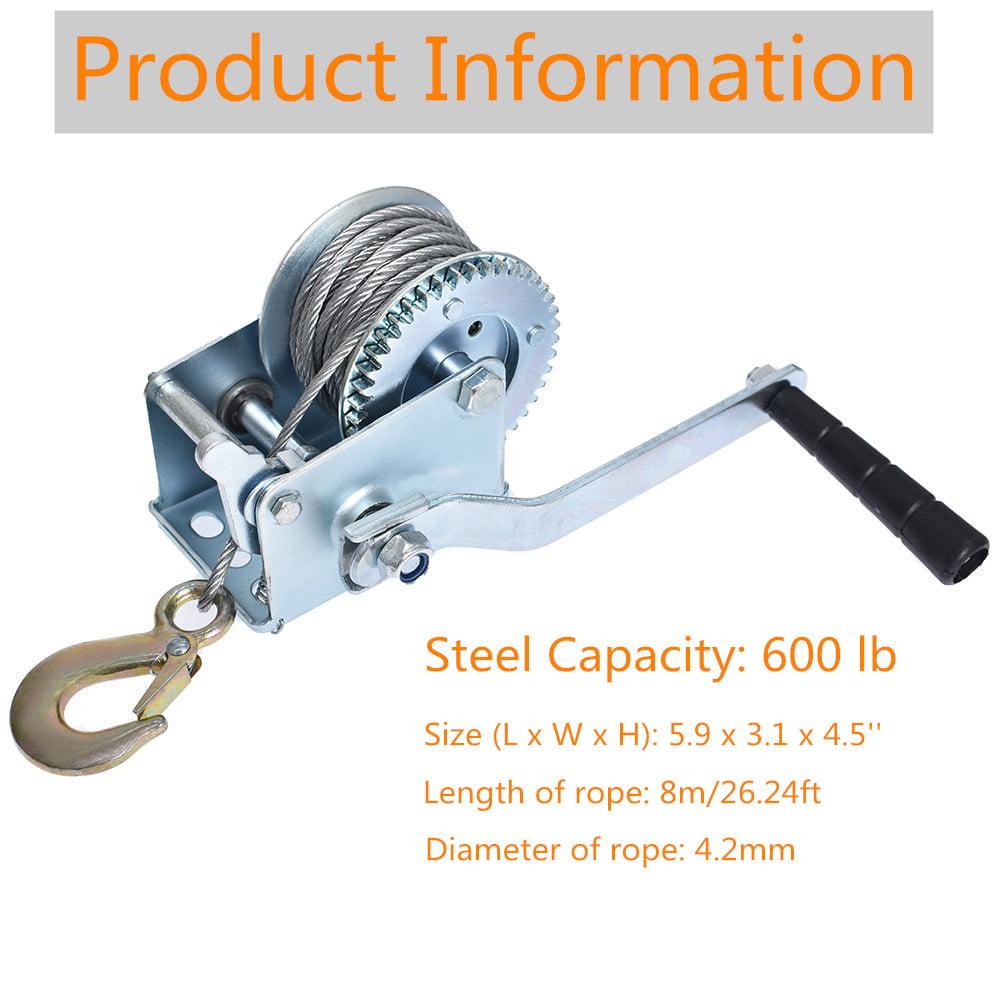 Heavy Duty Hand Winch 600Lbs Hand Crank Strap Gear with 8m Steel Wire Manual Operated Two-Way Ratchet ATV Boat Trailer Marine for Trailering or Loading Boats Personal Watercraft and Lawn Equipment