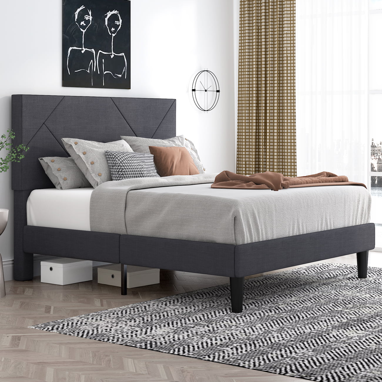 Allewie Queen Size Metal Platform Bed with Geometric Upholstered Headboard and 8 Inches Underbed Space, Wood Slats Support, Noise Free, Grey