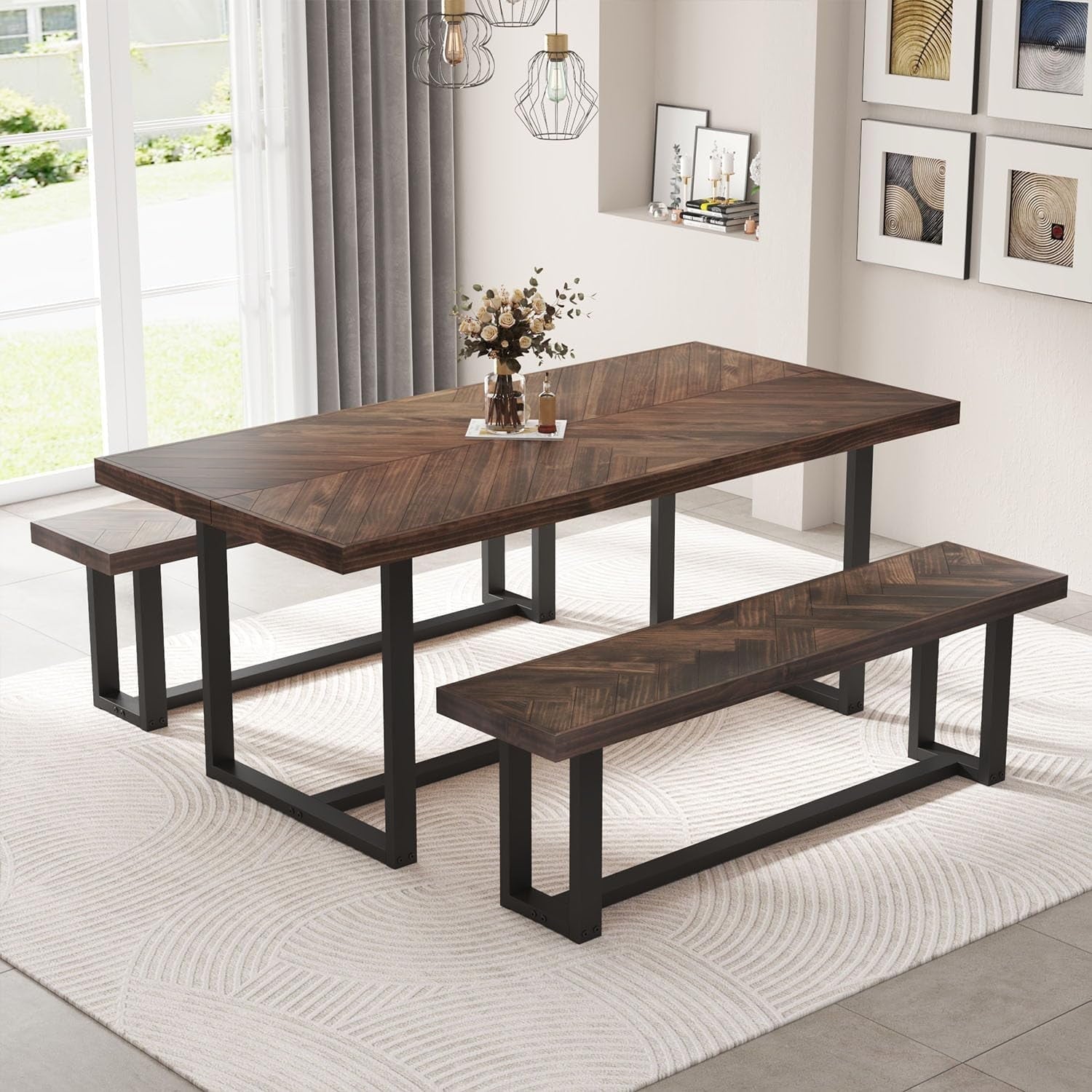 ChVans 72 inch Modern Farmhouse Solid Wood Dining Table for 6 to 8, Rectangular Kitchen and Dining Table with Metal Frame, Rustic Breakfast Table for Living, Dining Room(Brown+Pattern-72 in Dining Table)