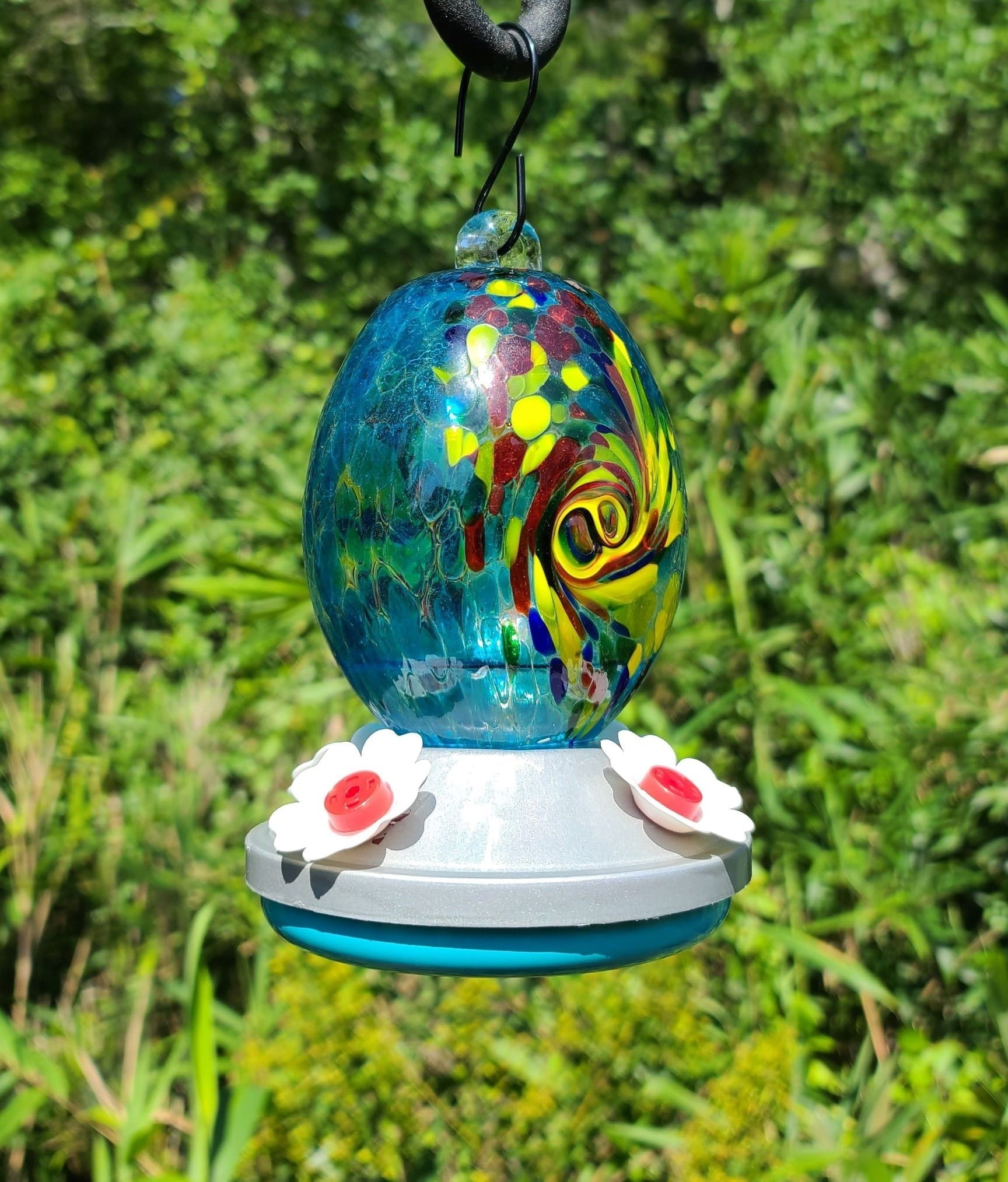 Griffin Products 16 oz. Blue Teal Hand Blown Glass Hummingbird Feeder