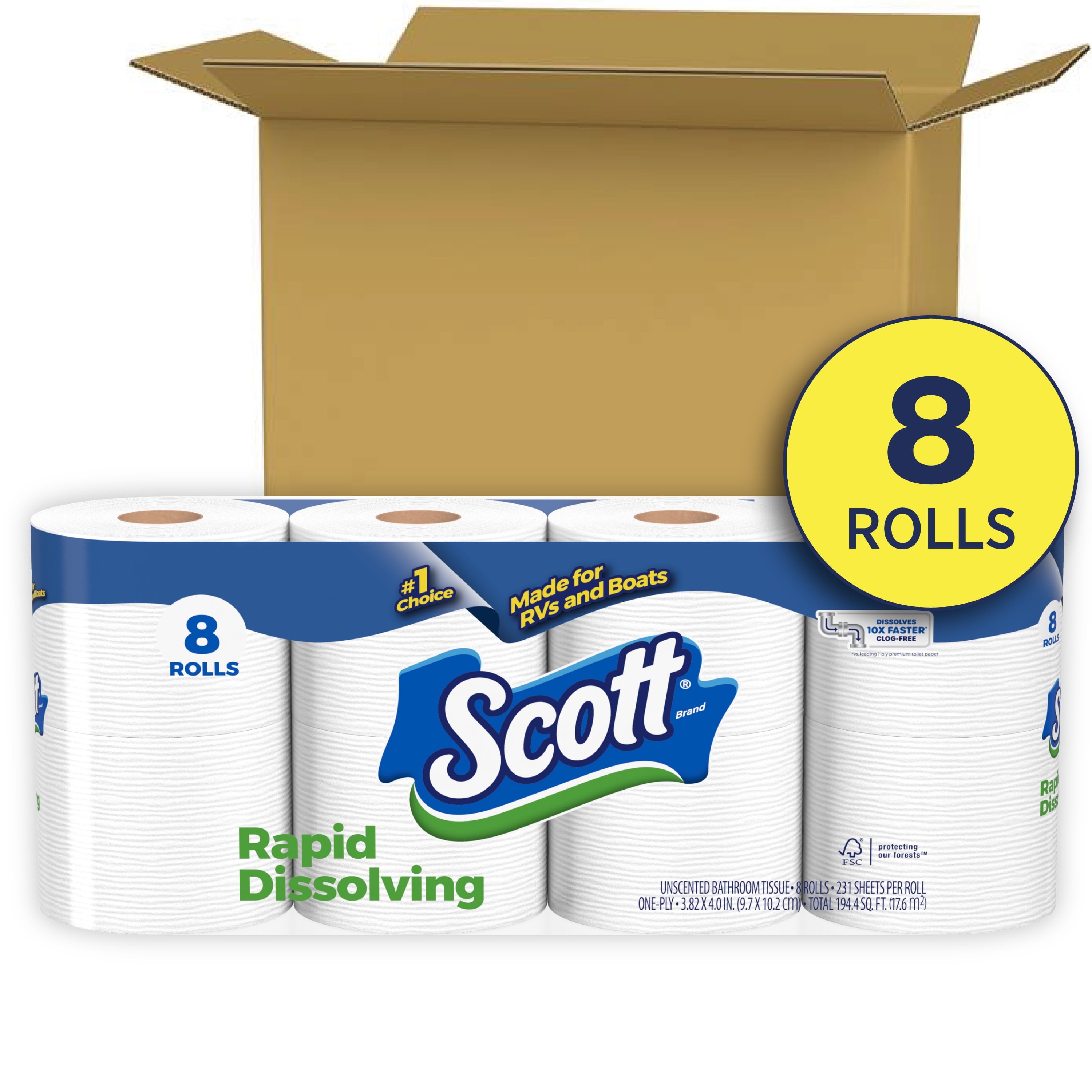 Scott Rapid-Dissolving Toilet Paper, 8 Double Rolls, 231 Sheets Per Roll (1,848 Total)