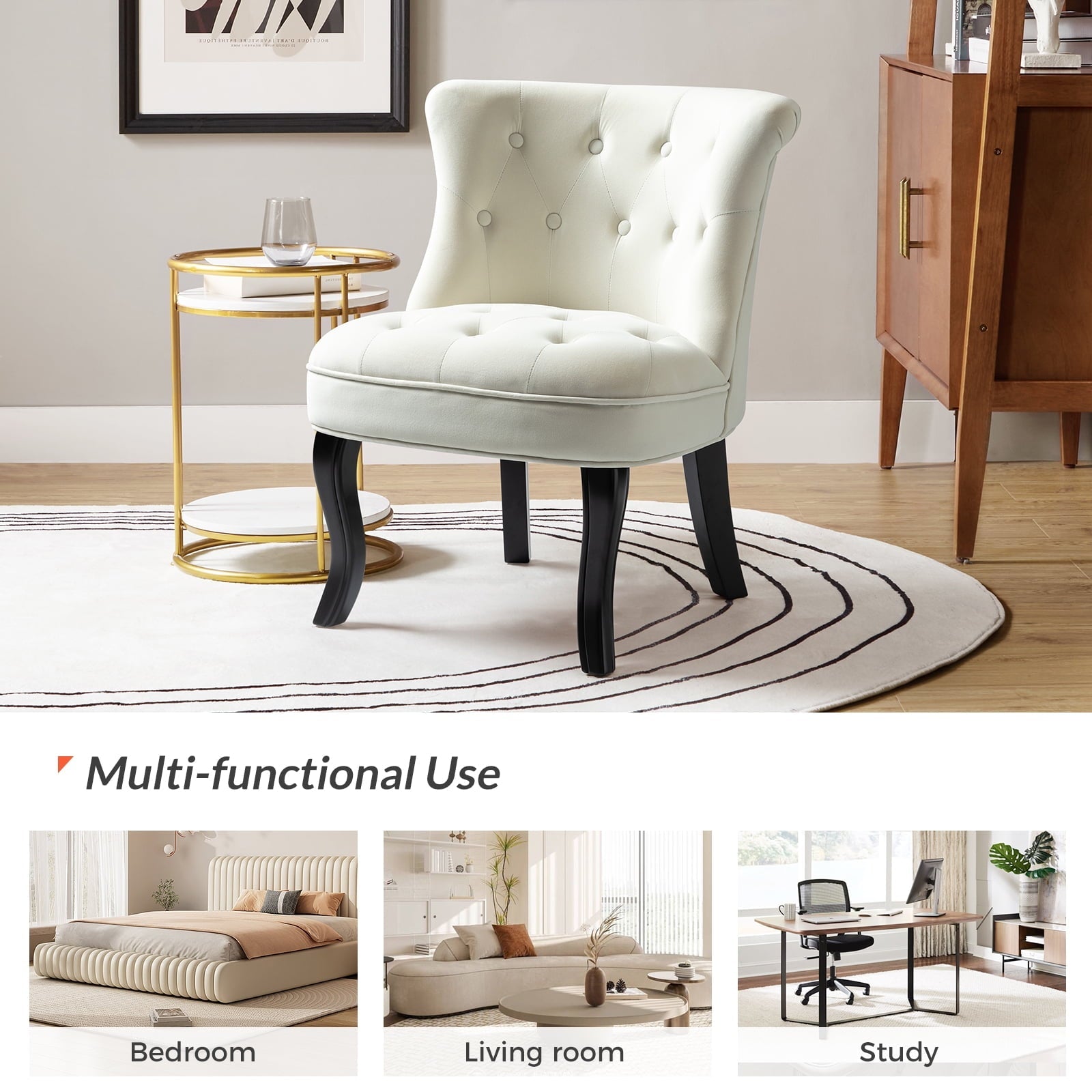 14 Karat Home Velvet Armless Accent Chair Upholstered Button Wooden Legs Bedroom Adult White