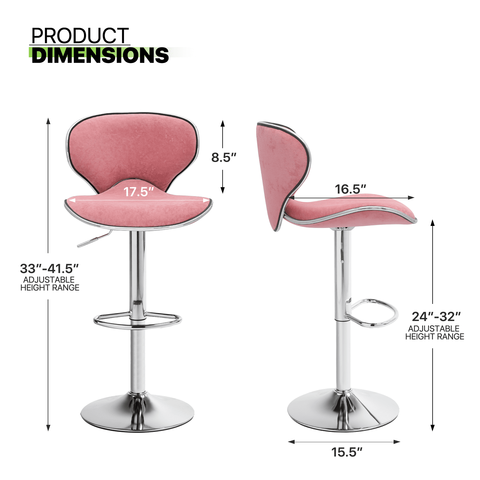Magshion Velvet Adjustable Counter Height Bar Stools Set of 2, Swivel Kitchen Counter Island Dining Chairs with Curved Back, Pink