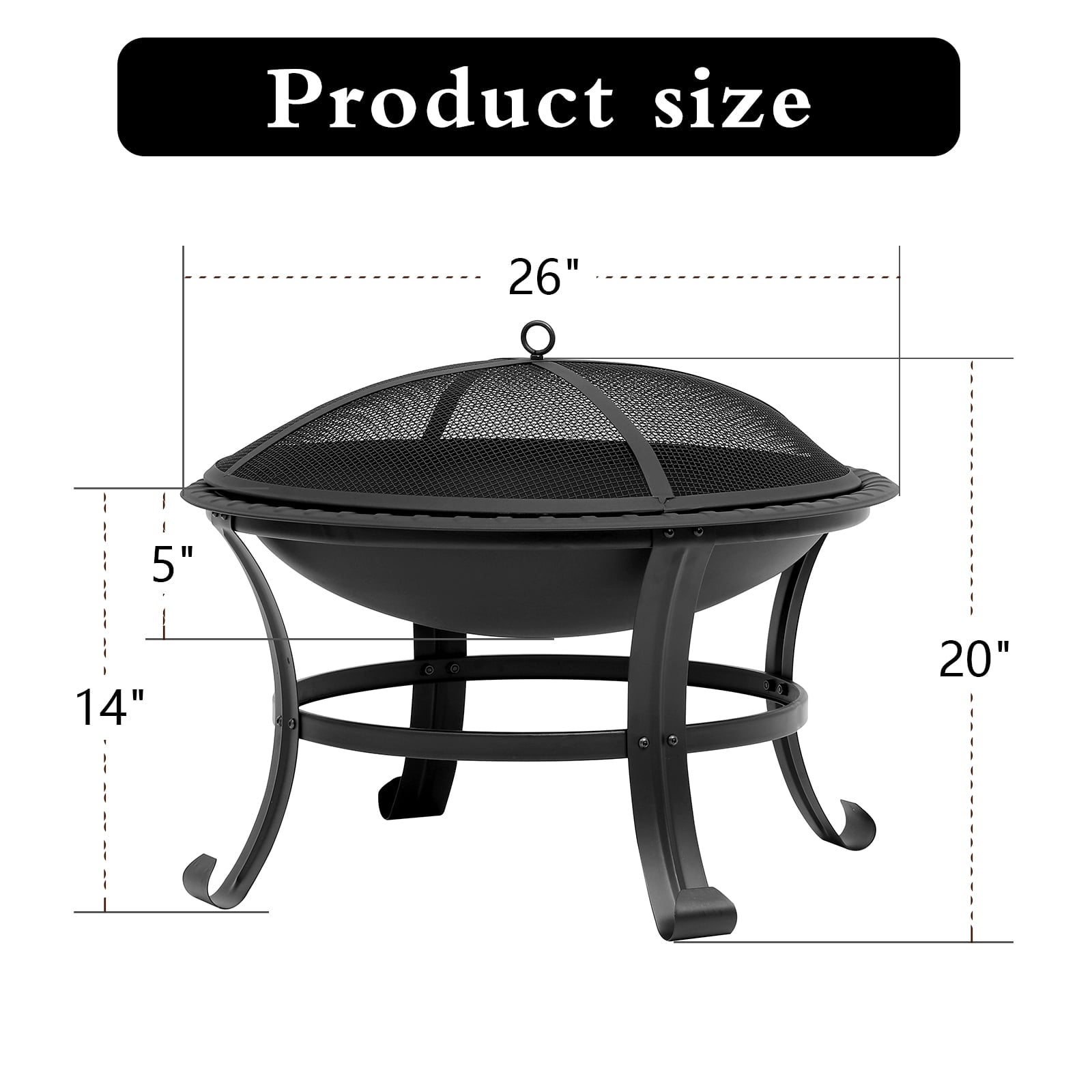 Vebreda 26 inch Fire Pit Wood Burning Metal Fire Pit with Round Mesh Spark Screen Cover