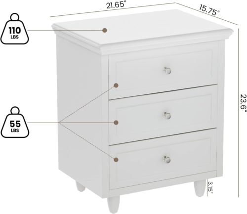AWQM 3 Drawers Nightstand, with Wood Legs,Modern White Dresser