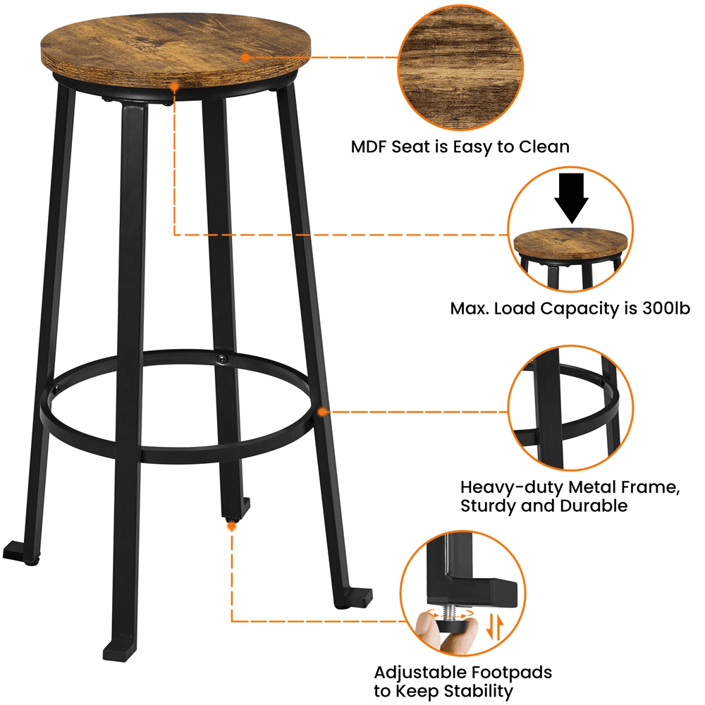 Topeakmart 2pcs 29.5''H Backless Metal Frame Bar Stools with Round Top, Rustic Brown