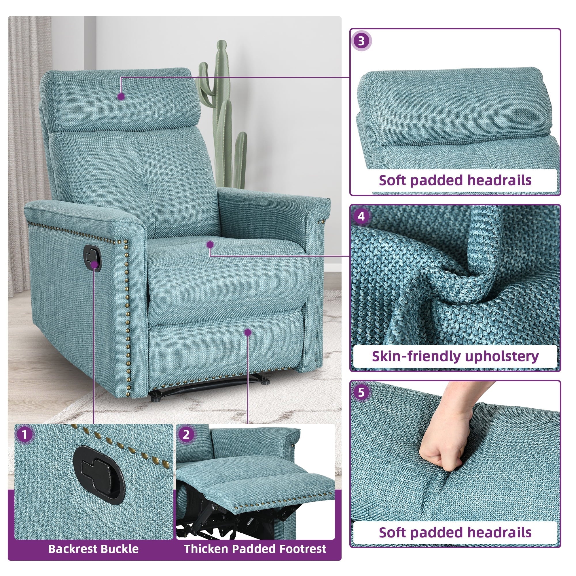 Dextrus Upholstered Recliner Chair Single Sofa Adjustable Home Theater Seating w Studded, Blue A