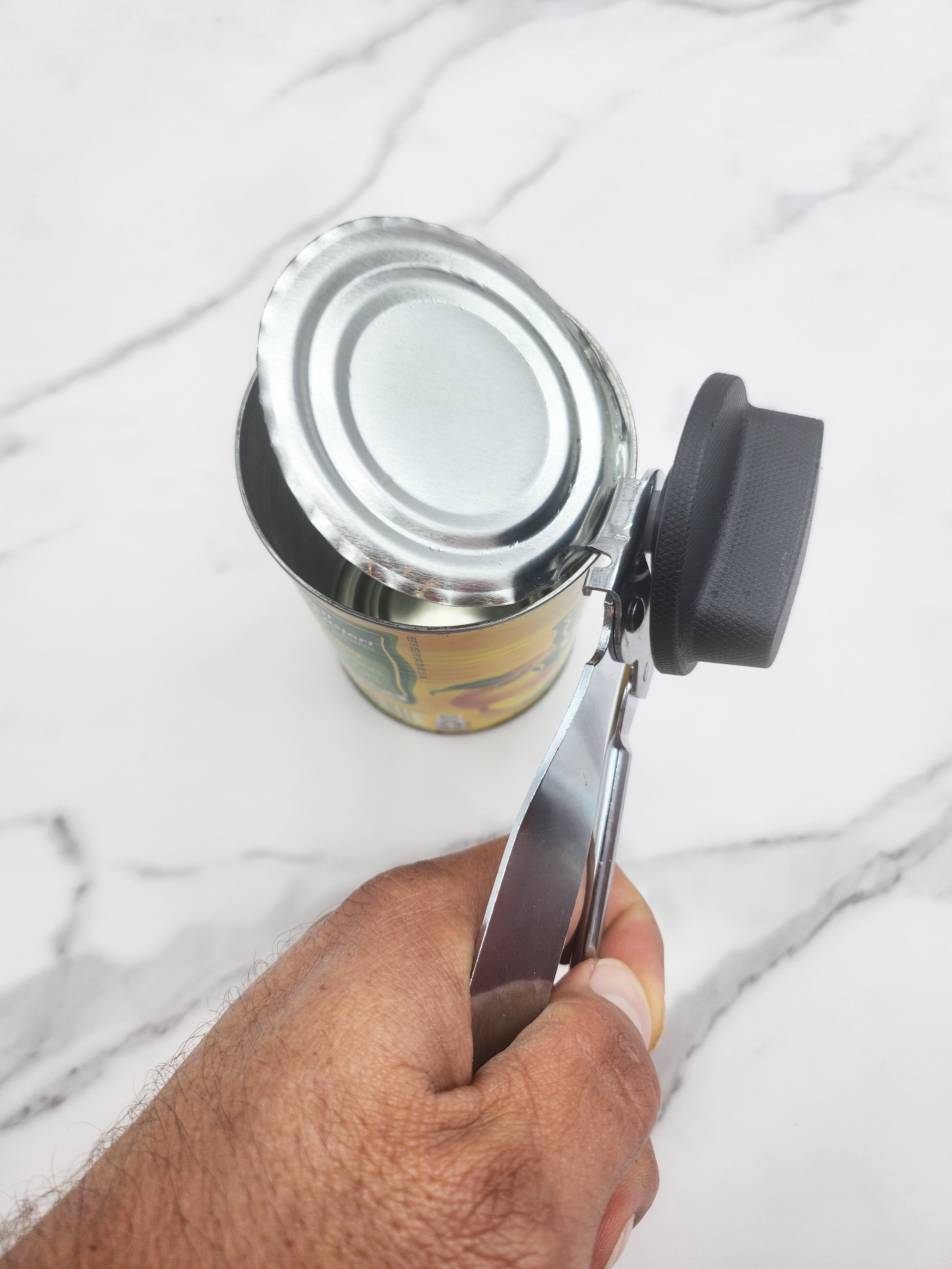 Mainstays Can Opener Stainless Steel Hand Grip Can and Bottle Opener, Silver and Black