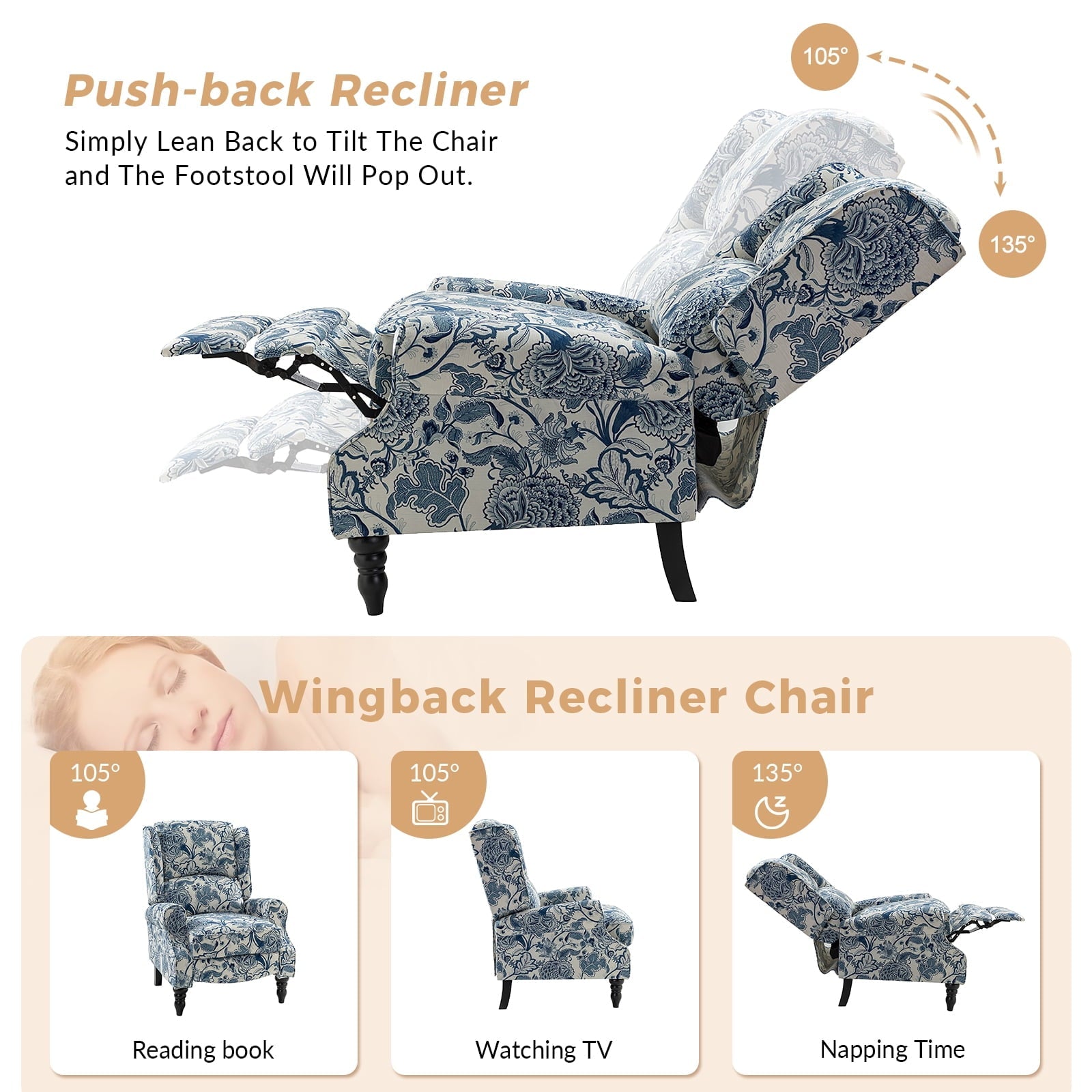 14 Karat Home Modern Manual Recliner Wingback Armchair Wood Legs Bedroom Living Room Jacobean