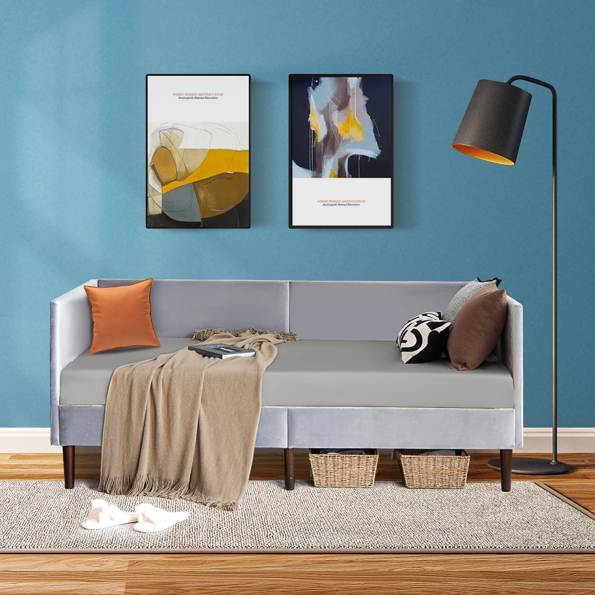 Costway Twin Daybed Upholstered Linen Wooden Sofa Bed Frame Heavy Duty Living Room Grey