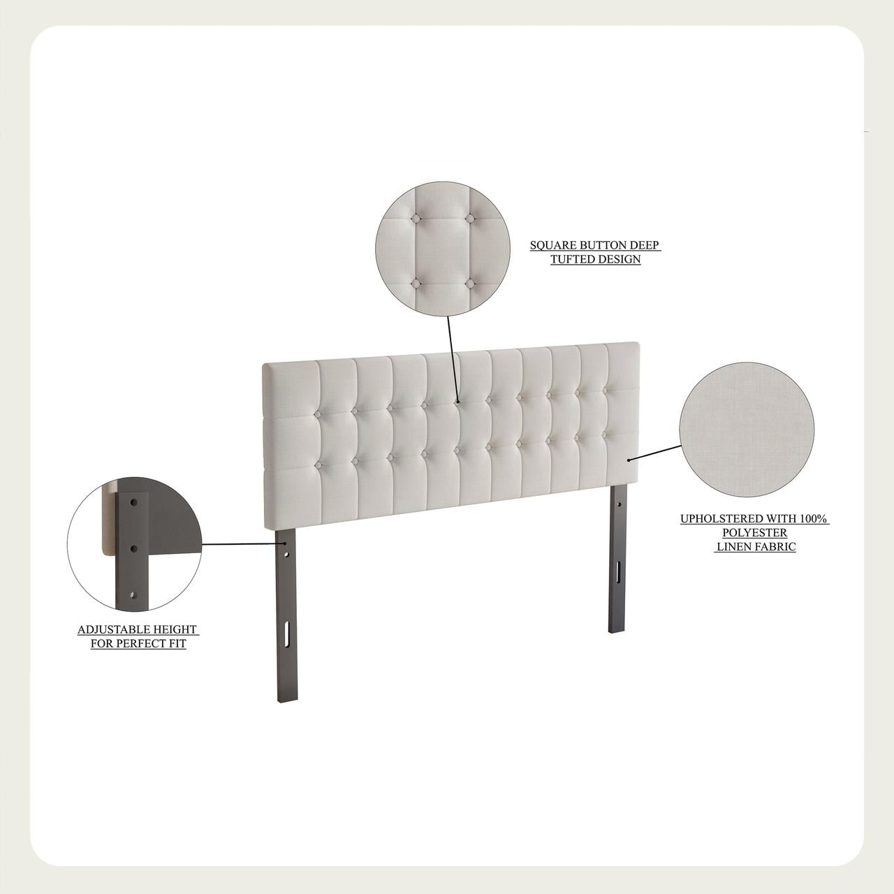 Castle Place Upholstered Button Tufted Linen Headboard, Light Grey, Queen