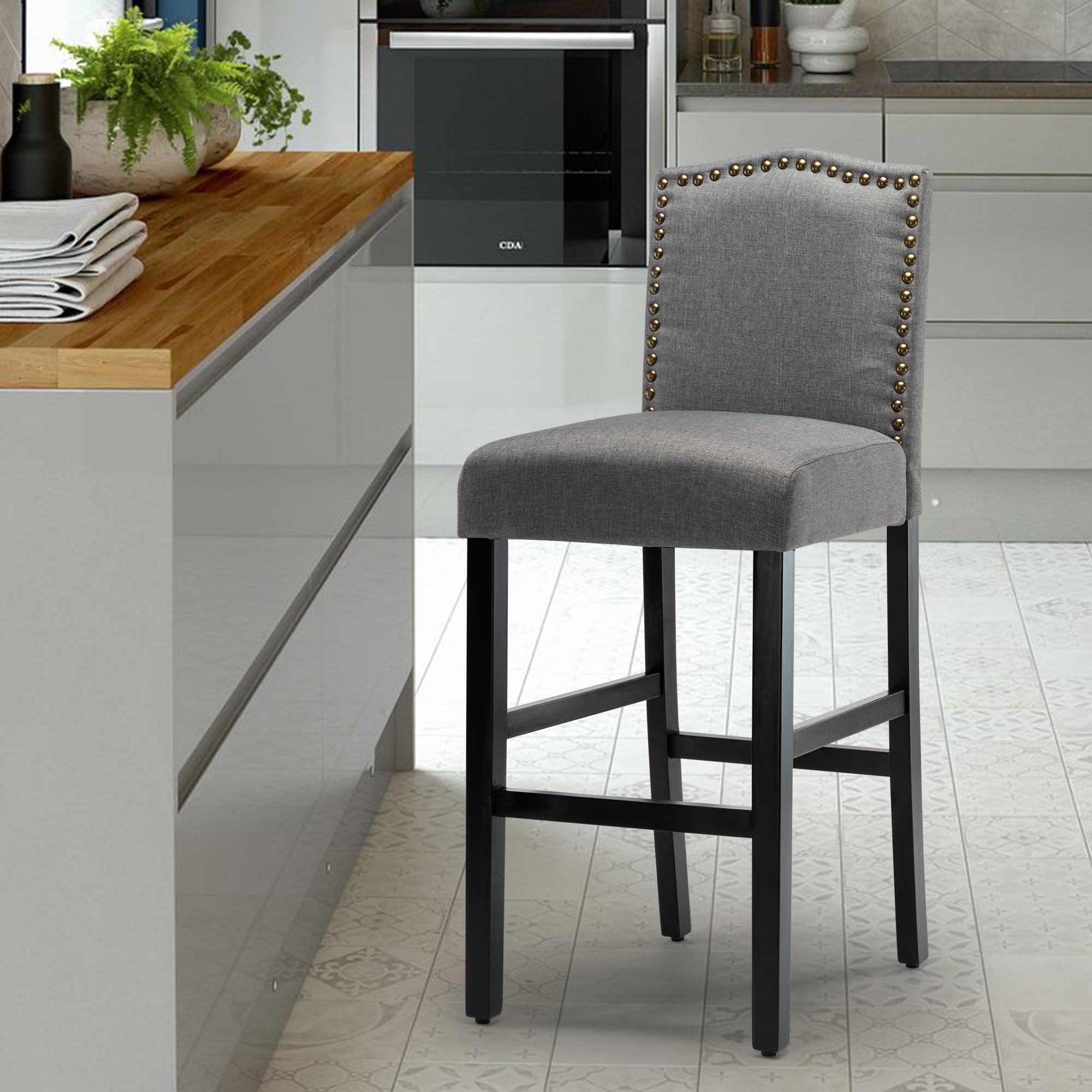 Modern Bar Height Classic Fabric Upholstered Bar stools with Nail Head, Gray, Set of 2