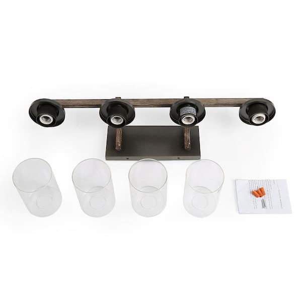 Birdwood 28 in. 4-Light Rust Gray Industrial Bathroom Vanity Light with Brushed Bronze Accents and Clear Glass Shades