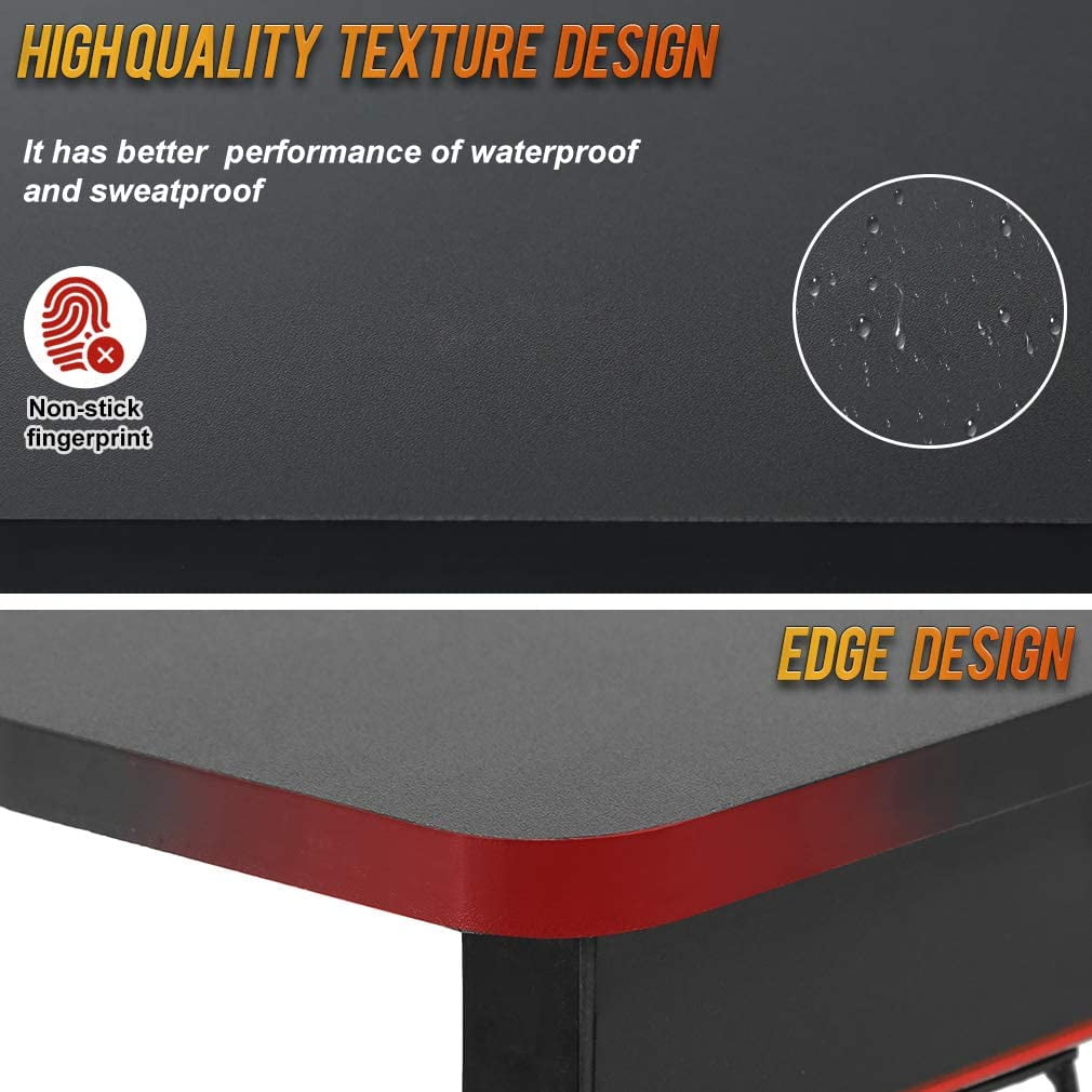 BestOffice Gaming Desk Computer Desk Home Office Desk Racing Style Study DeskExtra Large Modern Ergonomic PC Carbon Fiber Writing Desk Table with Cup Holder Headphone Hook，Red