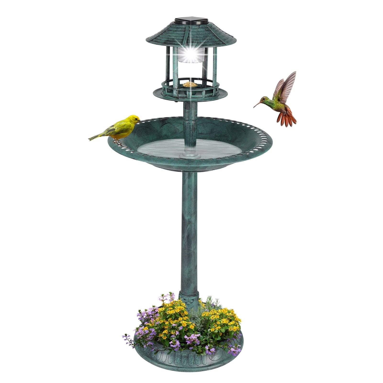 Ktaxon Wild Bird Bath Resin Pedestal Birdbaths with Solar Light  Antique Sculpture Finish Garden Decor Dark Green