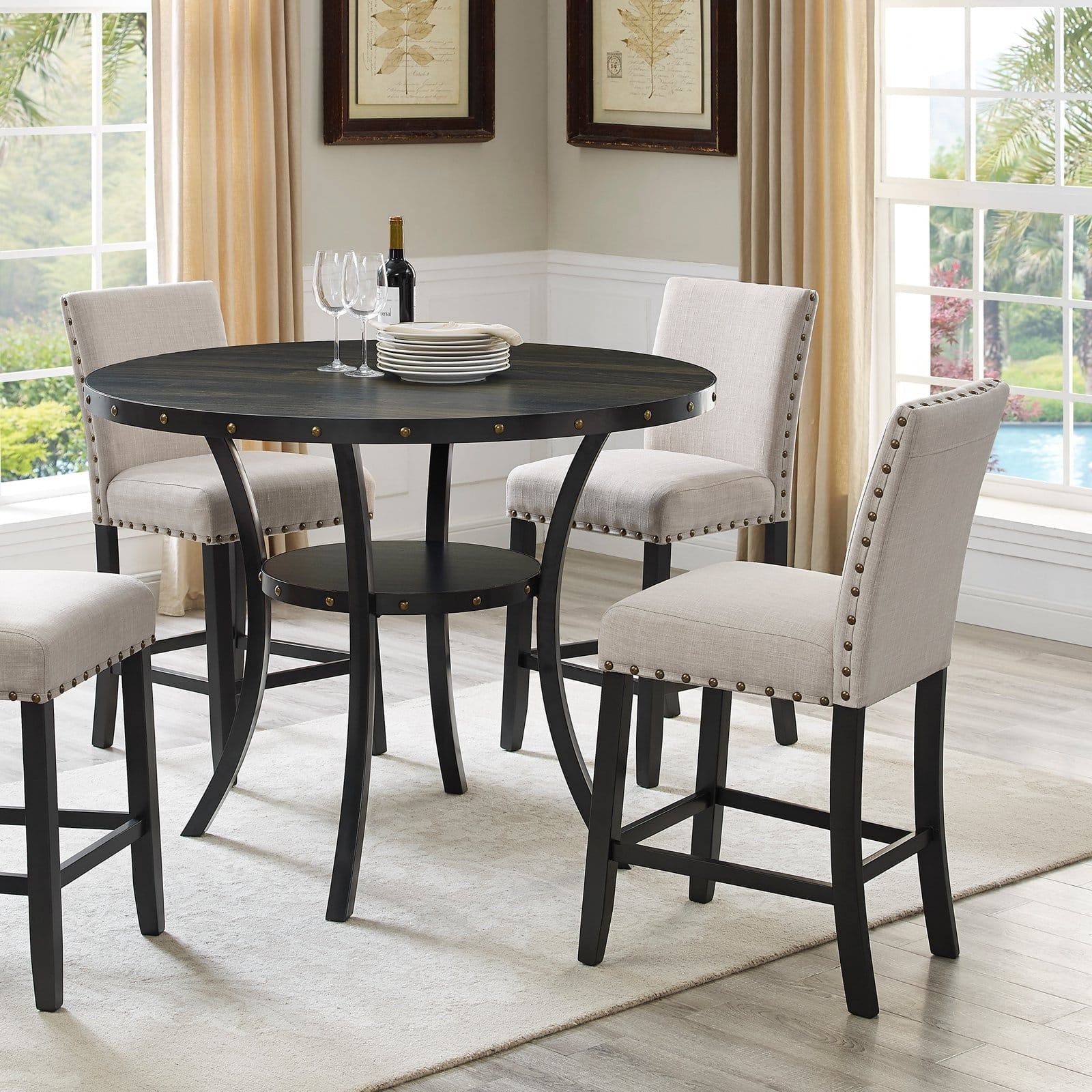 Roundhill Furniture Biony Fabric Nail Head Counter Height Stools, Tan