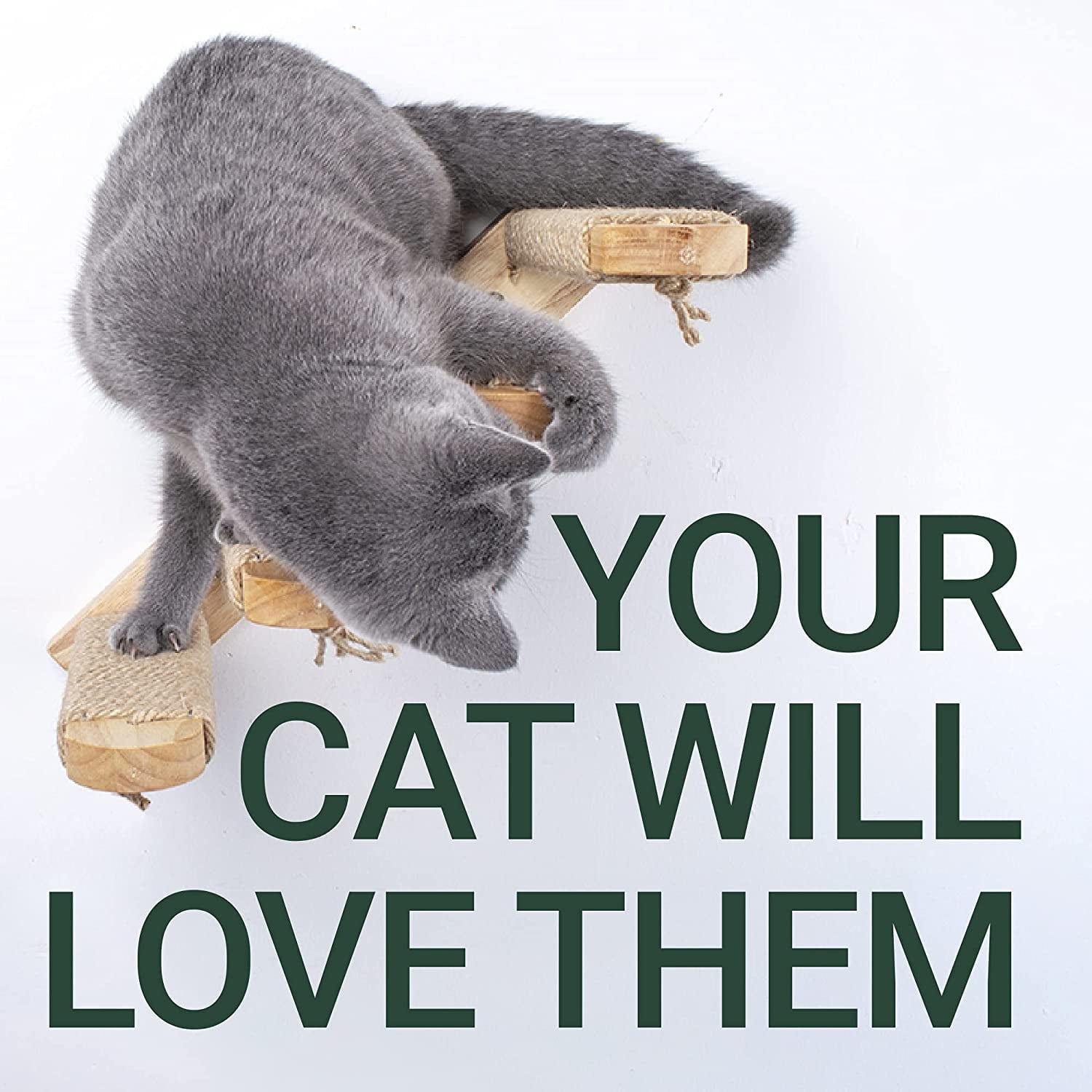 Skywin Cat Steps - Solid Rubber Wood Cat Stairs Great for Scratching and Climbing - Easy to Install Wall Mounted Cat Shelves for Playful Cats (Left Facing)