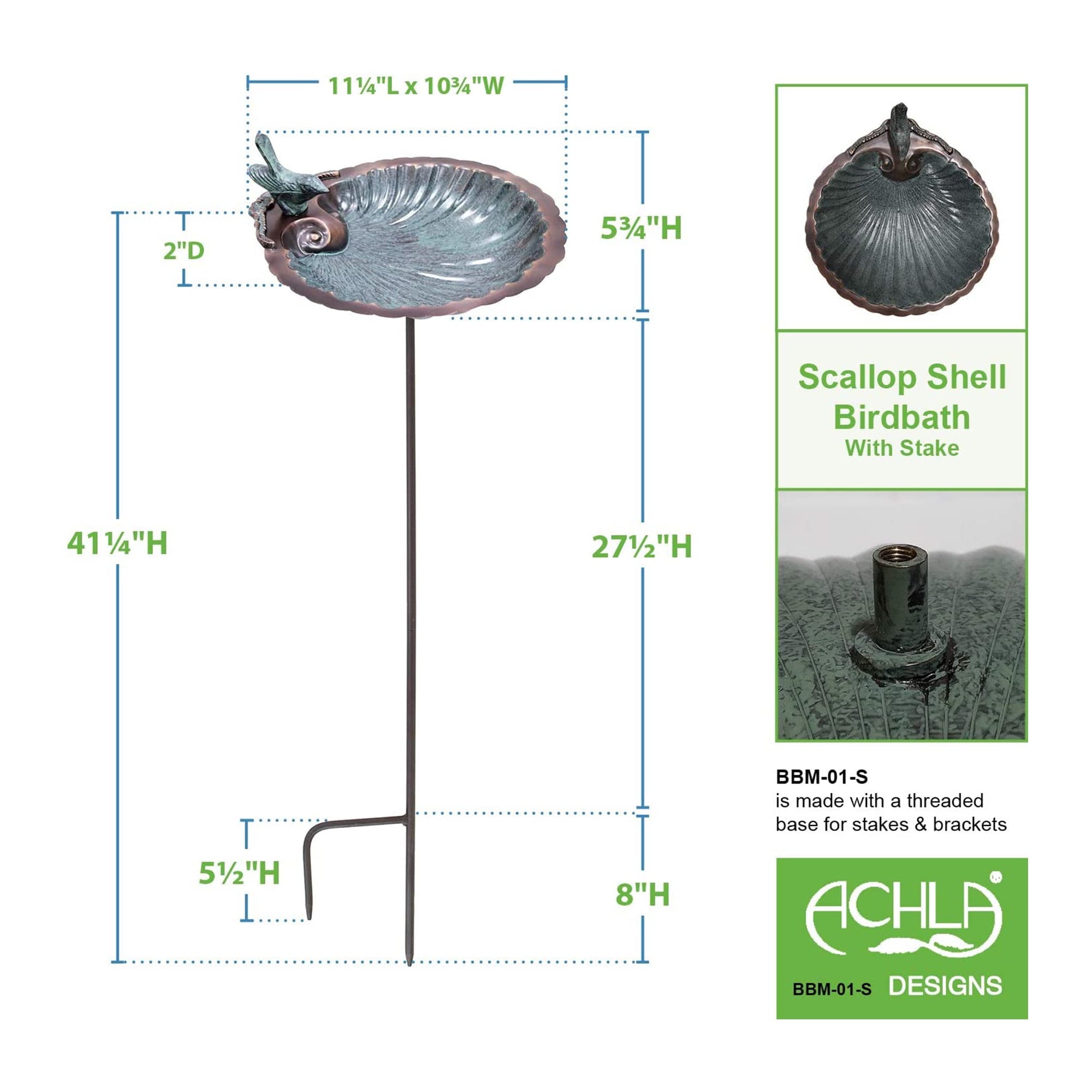 Achla Designs 11 In Scallop Shell Birdbath with 36 In Ground Stake, Copper
