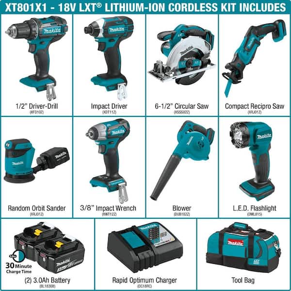 18V LXT Lithium-Ion 8-Piece Kit Drill/ Impact Drvr/ Circ Saw/ Recip Saw/ Sander/ Impact Wrench/ Blower/ Light 3. 0Ah