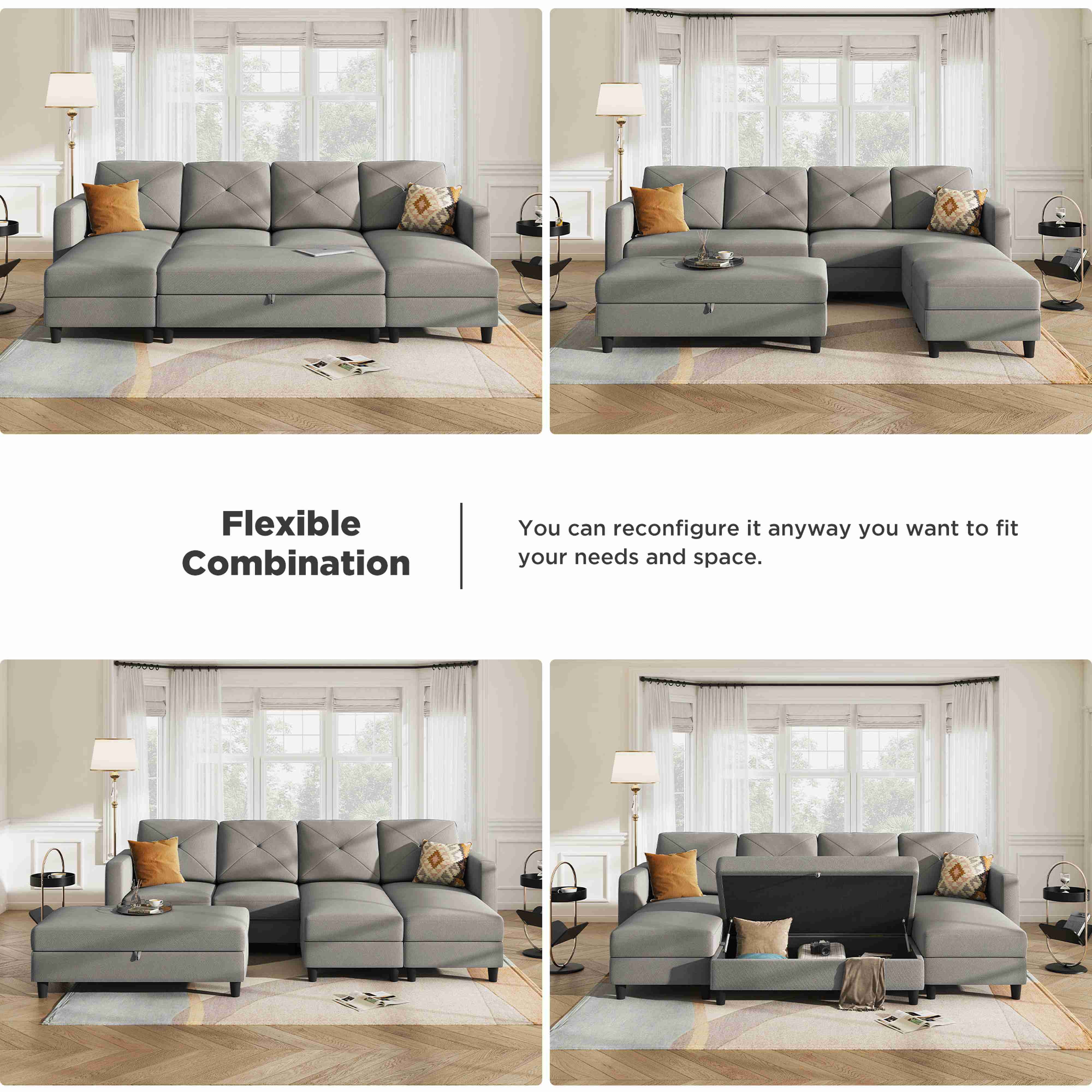 HONBAY Modern Upholstered U-Shape Modular Sleeper Sectional Couch Sets with Ottomans, Light Grey