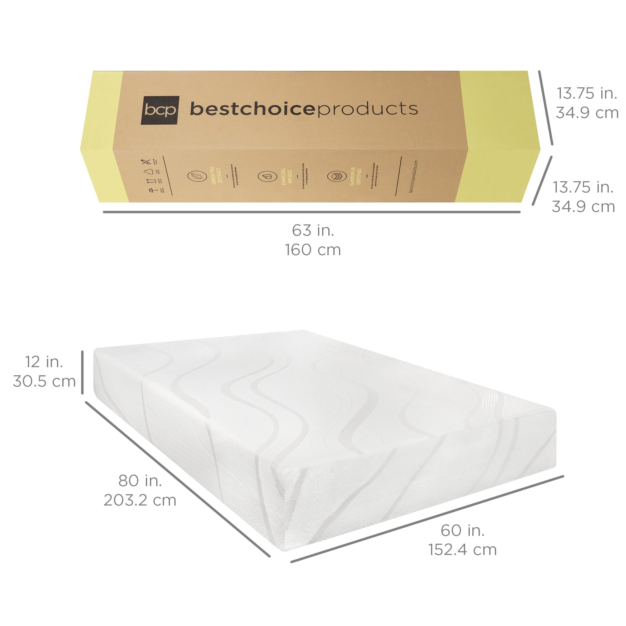 Choice Products 12in Queen Size 2-Layer Medium-Firm Bamboo Charcoal Gel & Green Tea Infused Memory Foam Mattress